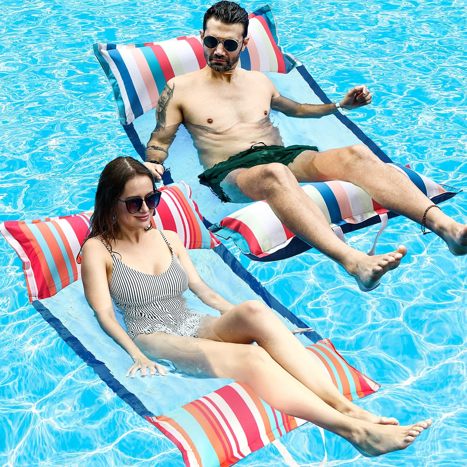 FindUWill Fabric Pool Hammock Floats, XL, 2Pack Inflatable Multi Purpose Water Hammocks Floaties (Saddle, Lounge Chair, Hammock, Drifter), Pool Float Lounger for Adults