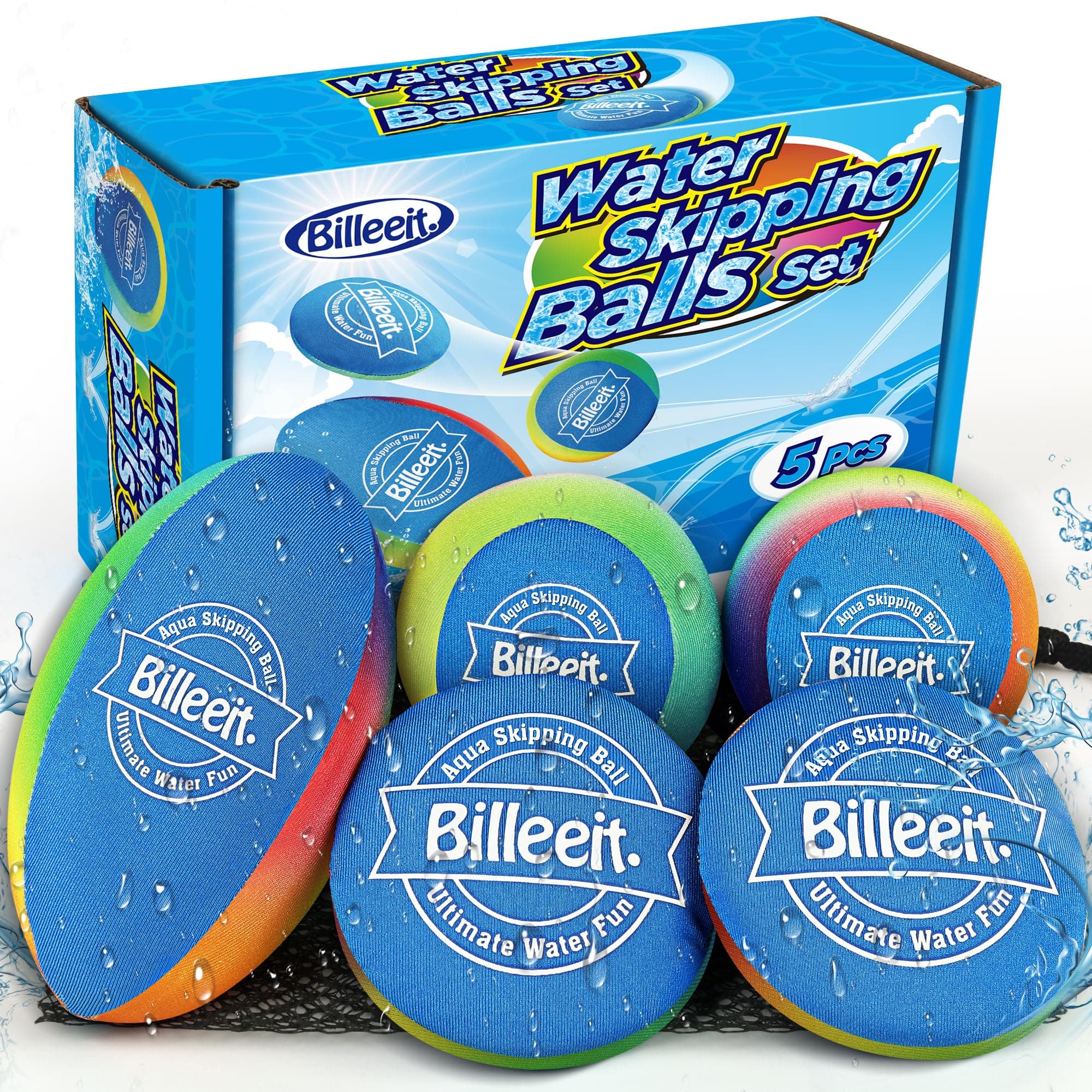 Billeeit 5Pcs Water Skipping Balls Set for Pool Play, Multi-Colored Splash Water Bouncing Balls, Fun Water Pool Beach Swim Toys & Games for Kids 3+ 4-8-12 and Adults