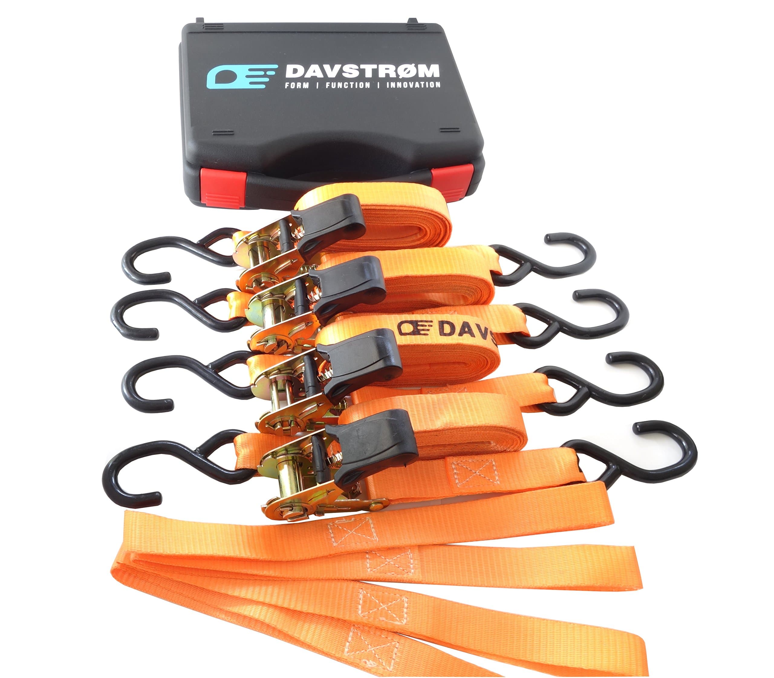 Tie Down Strap, New Davstrom Ratchet Kit, Heavy Duty Cargo Straps [2200lbs Break Strength] 4 x 1inch x 15ft + 4 Soft Loops + Carry Case. Super Safe for Motorbike, Kayak, Camping, Moving. Great Gift