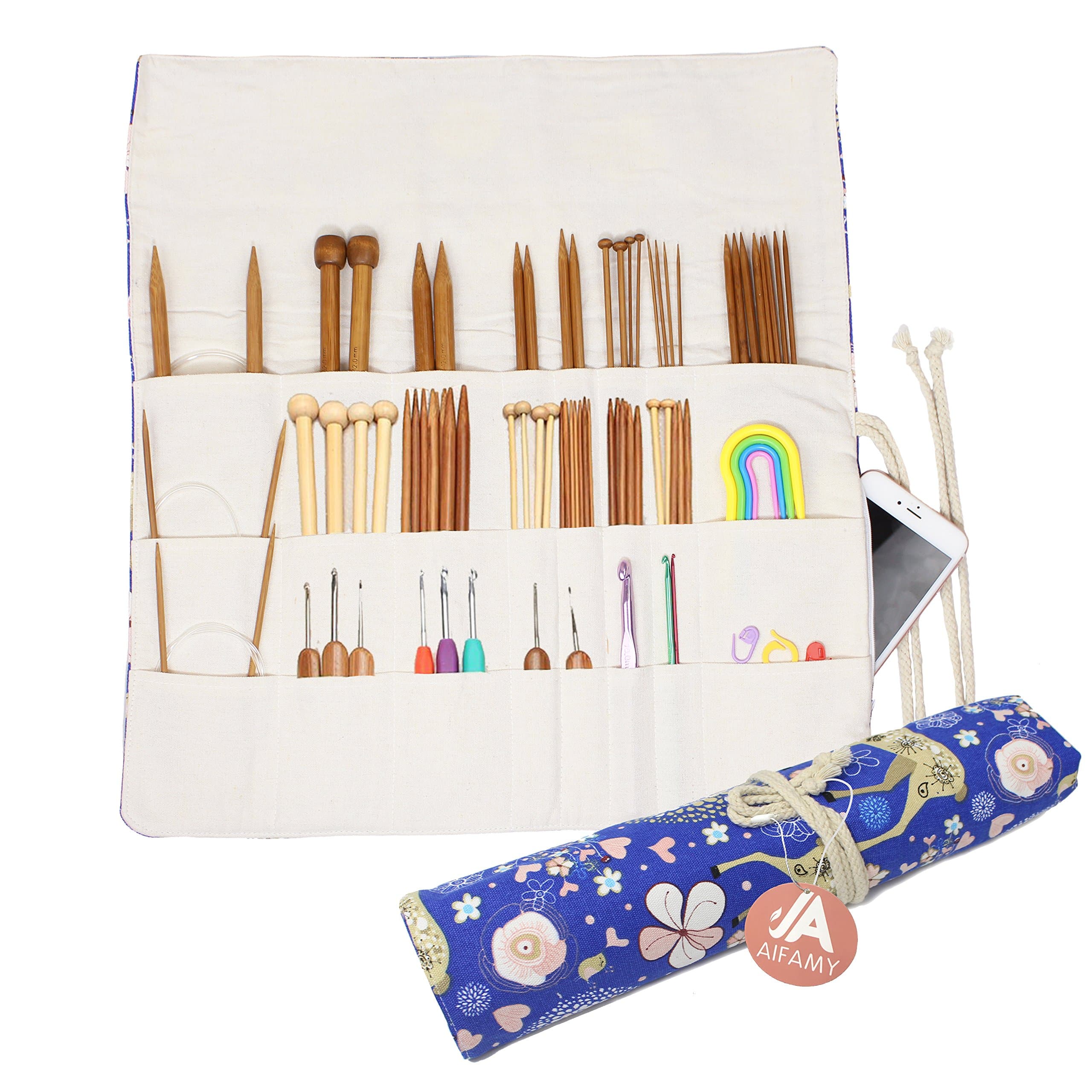 Knitting Needles Holder Case Rolling Organizer for Crochet Hooks Accessories (Blue Deer)
