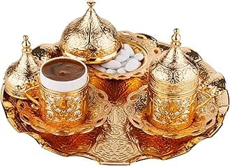 DEMMEX Turkish Greek Arabic Coffee Serving Set – 11 Piece Handmade Coffee Set with Cups, Saucers, Lids, Sugar Bowl & Decorative Tray (Gold)