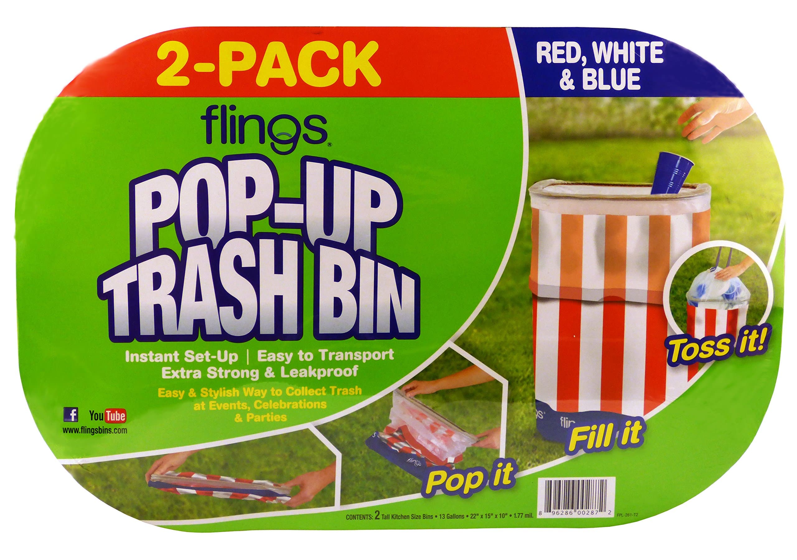 Flings Pop Up Trash Bin Red, White & Blue 2 - Pack