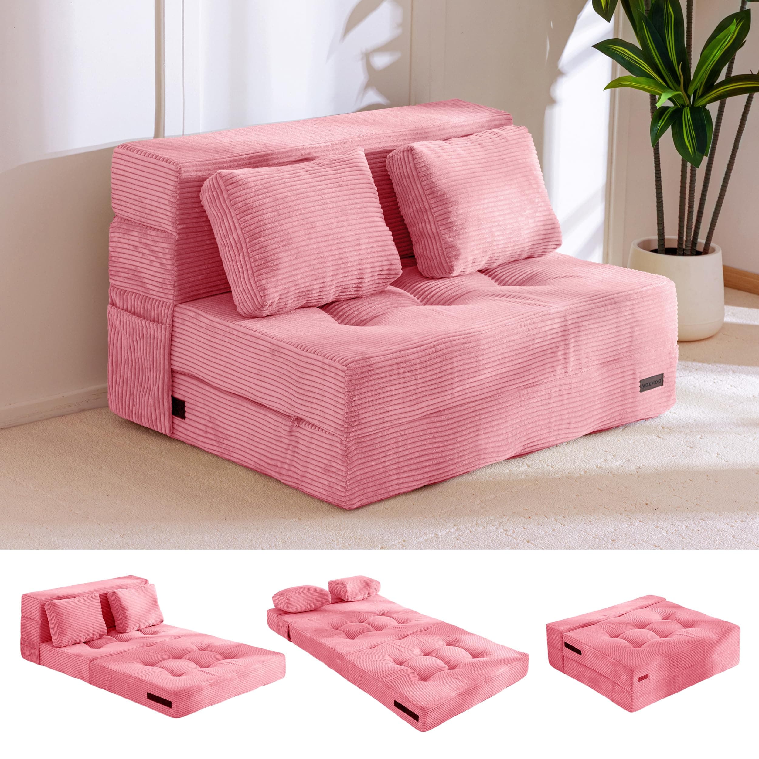 Convertible Sofa Bed, Fold Out Loveseat Sleeper Sofa with Pillow, 4 in 1 Tufted Folding Couch Bed Foam Floor Couch, Lazy Chair for Living Room Bedroom Guest Room, Pink