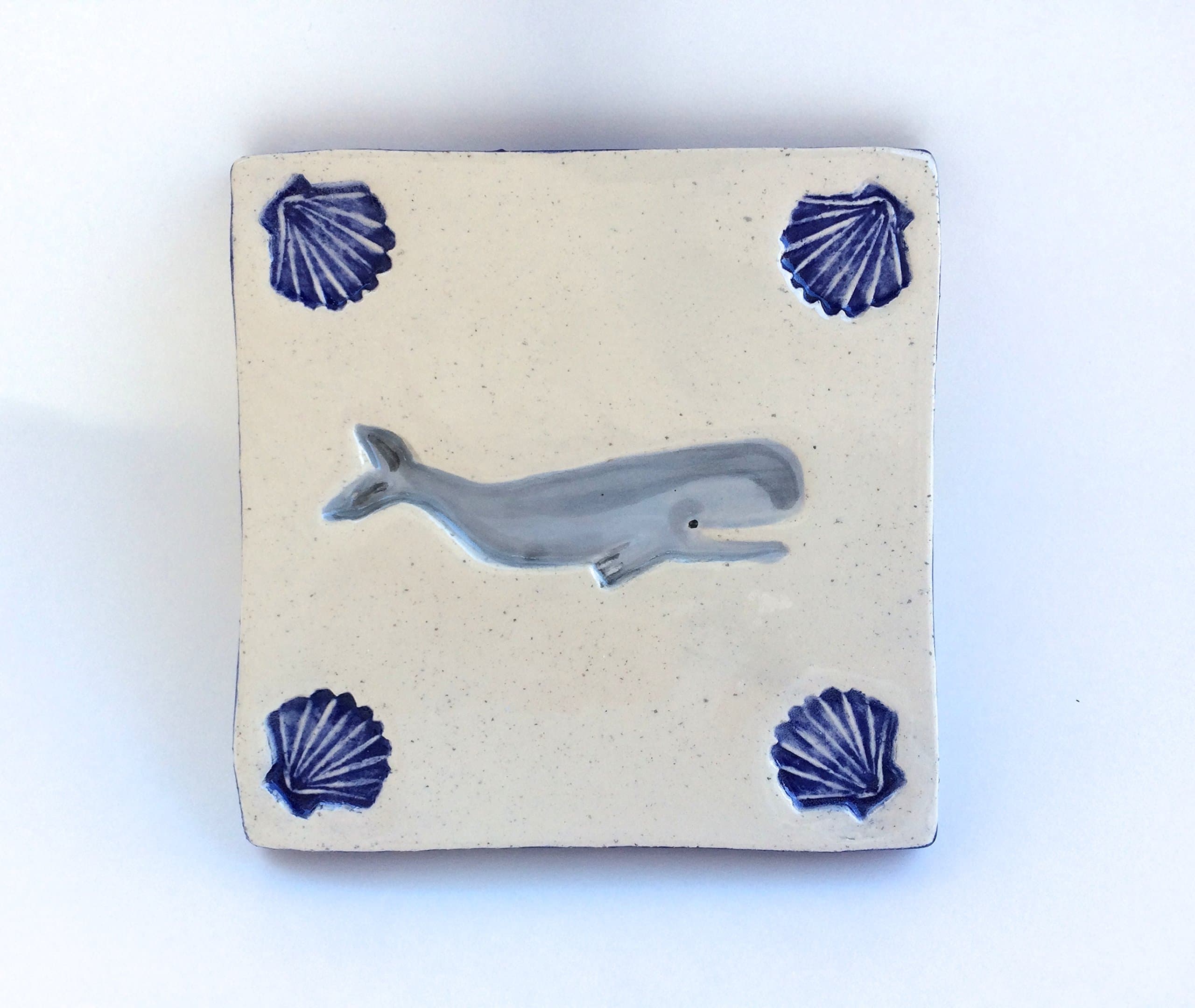 Handmade Ceramic Whale and Scallop Seashell Art Tile
