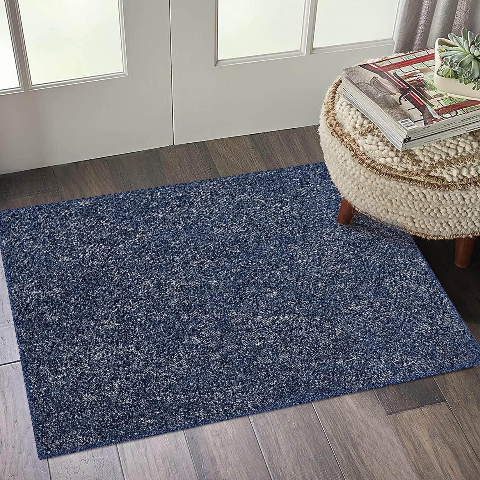 Entryway Area Rug Modern Solid Jacquard Textured Small Rug Contemporary Yarn Dyed Accent Rug Farmhouse Door Mat Non Slip Floor Cover Carpet for Living Room Bedroom, 2' x 3', Navy