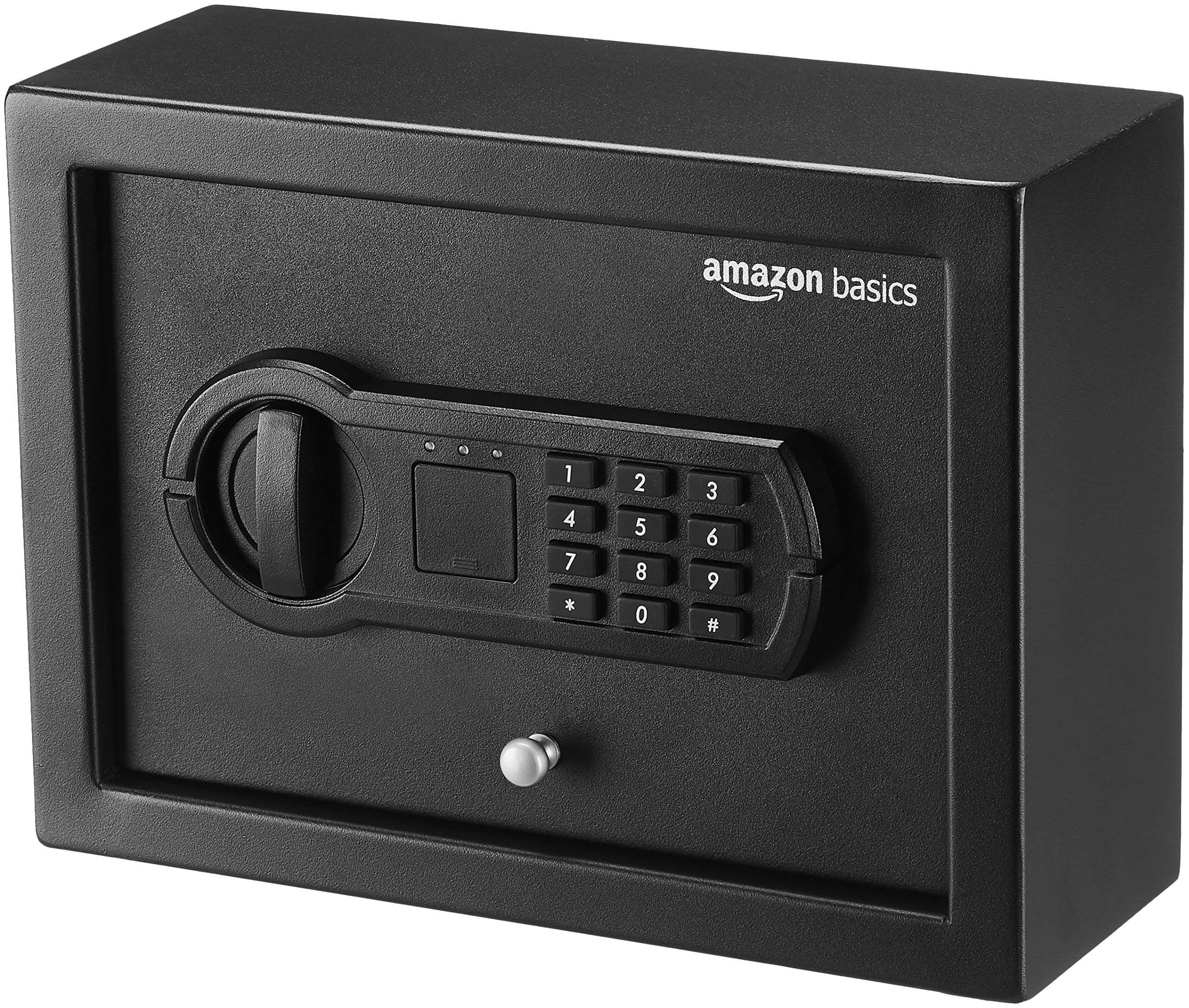 Amazon Basics Small Slim Desk Drawer Security Safe with Programmable Electronic Keypad, Black, 30 cm W x 21.8 cm D x 11. 2 cm H