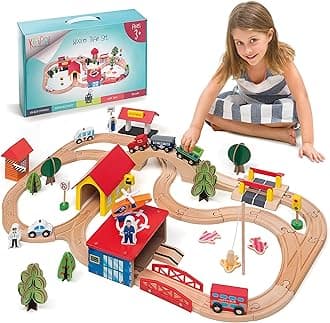 KipiPol Wooden Train Set - 69 Pieces Wooden Train Tracks & Trains for Kids, Toddler Boys and Girls 3,4,5 Years Old and Up– Premium Wood Construction Toys -Fits Thomas, Brio, IKEA, Melissa and Doug