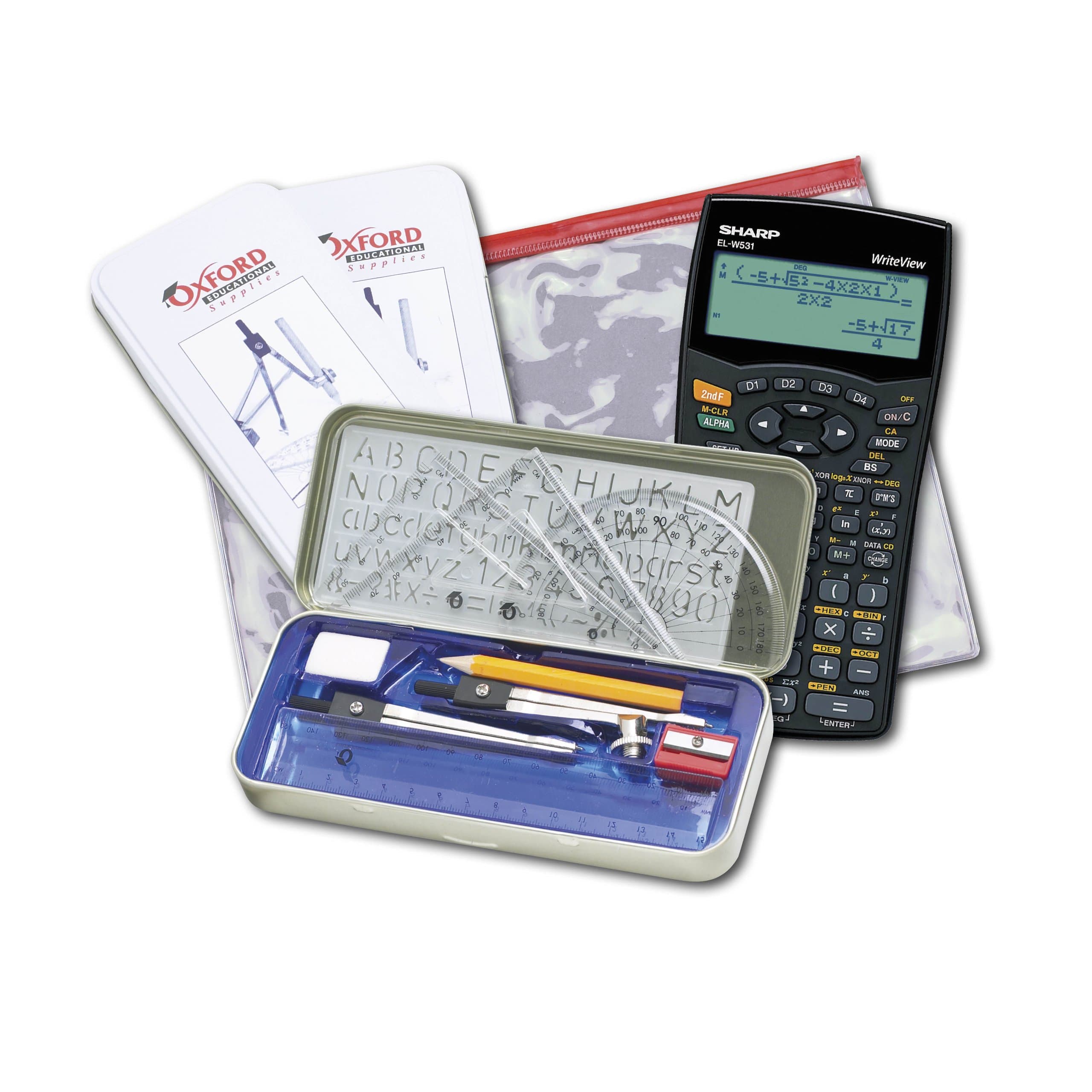 Sharp EL-W531 Exam Pack; Scientific Calculator, Geometry Set in a Tin and Transparent Pencil Case