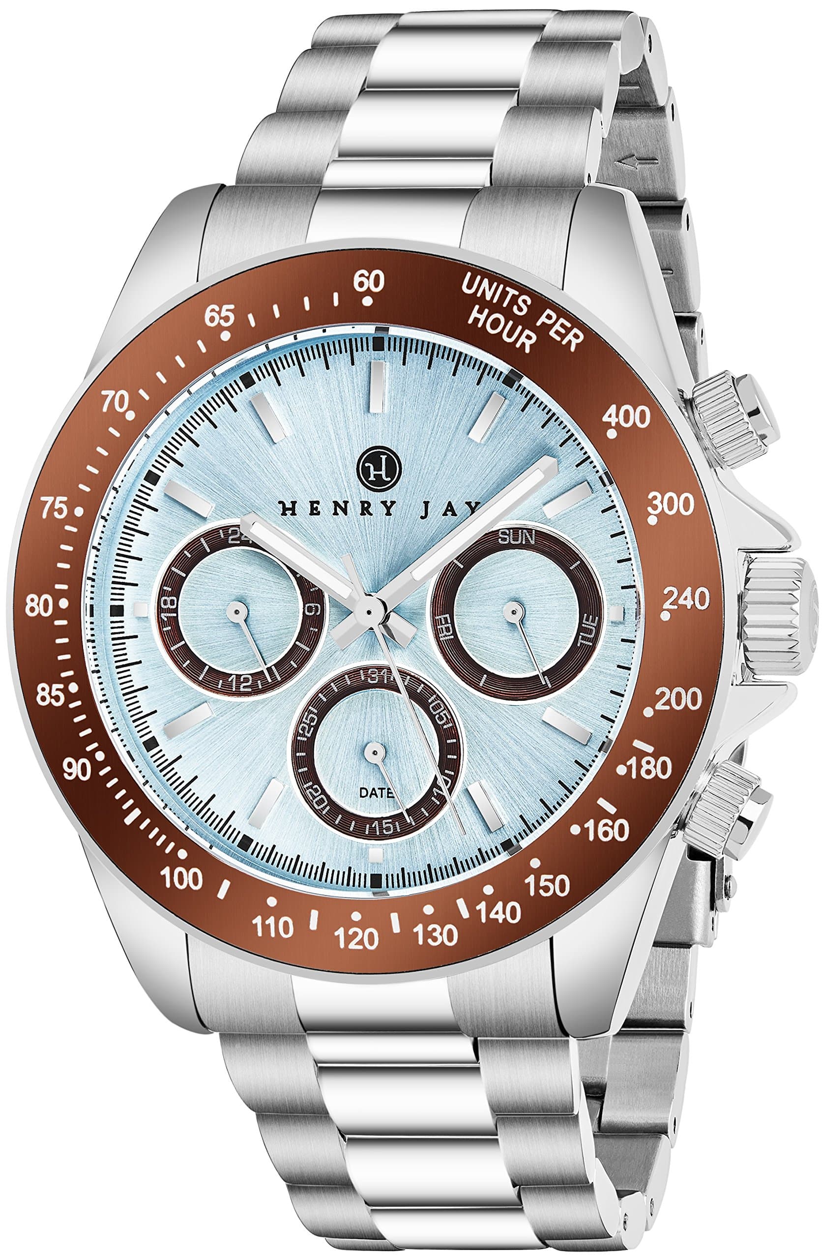 Henry Jay men's stainless steel multi-function specialty GMT aqua master watch, day, date and tachymeter display.