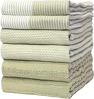 Bumble Towels Kitchen Hand Dish Tea – Bulk Set of 6 – Luxe, Soft, Durable Ring Spun Cotton with 3 Different Textures – Extra Large 20" x 28" / 50 x 70 cm Size (Sage Green)