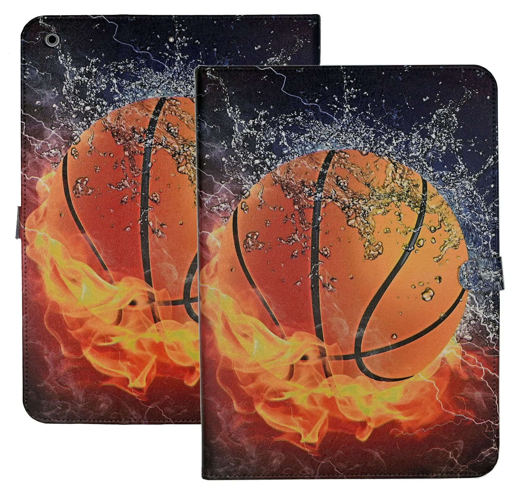 Case for iPad 10.2 inch (iPad 9th/ 8th/ 7th Generation 2021/2020/2019) Premium PU Leather Flip Multi-Angle Viewing Slim Stand Soft TPU Cover with Auto Wake/Sleep, Basketball on Fire Water