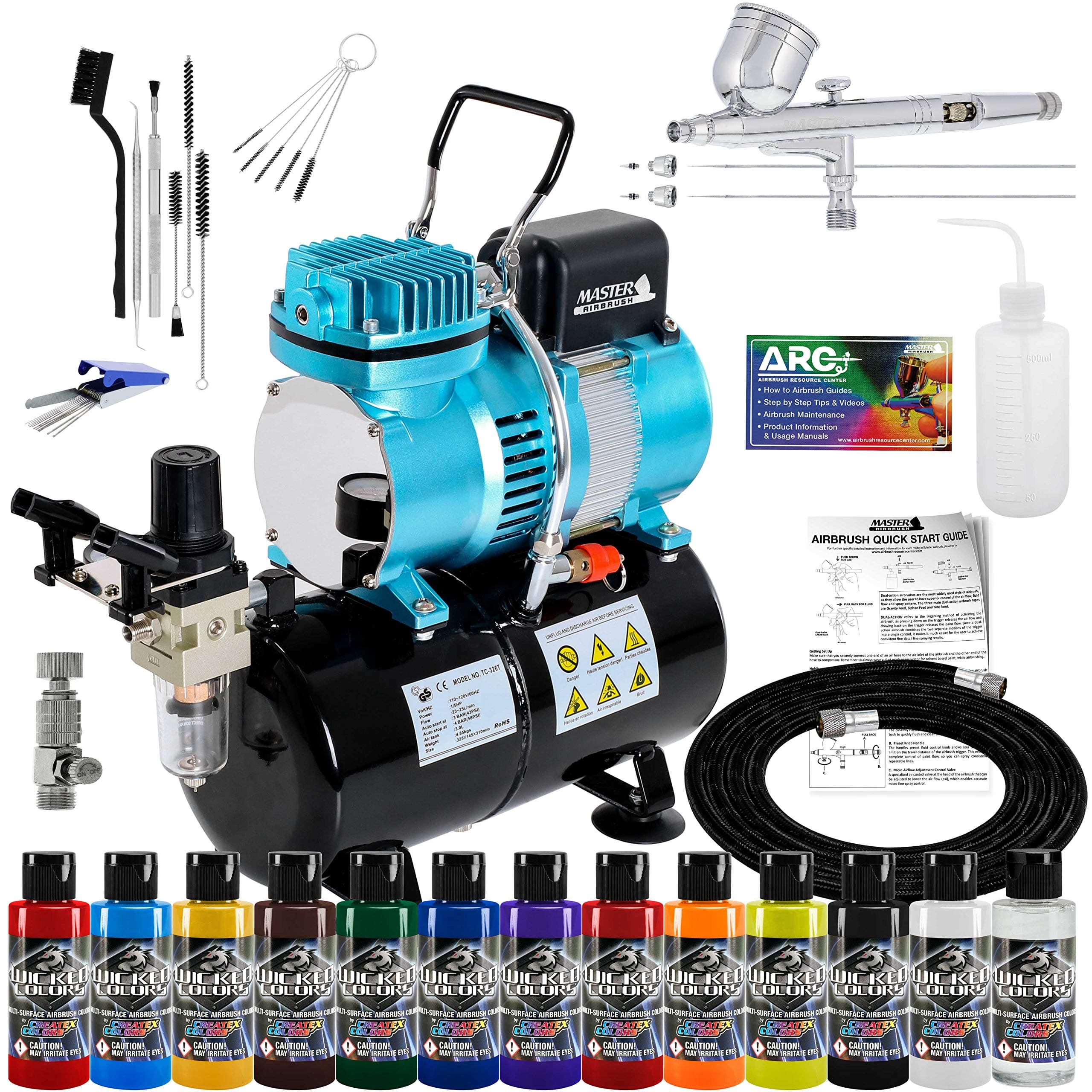 Master Airbrush Performance G233 Kit with 3 Tips and Air Compressor TC-20T, Createx Wicked Colors 12 Color Paint Set and Cleaning Kit
