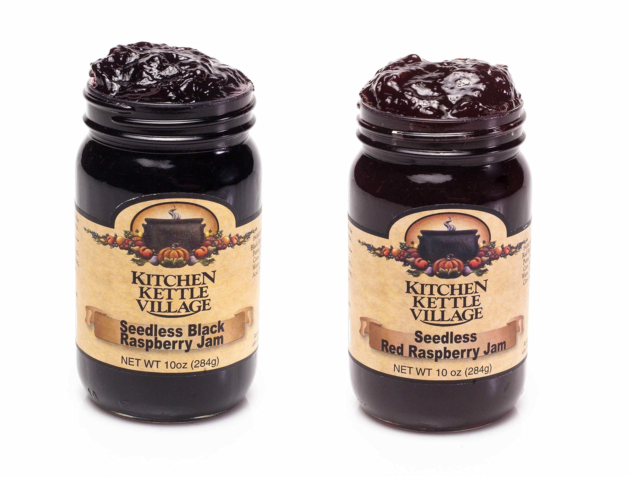 Seedless Black Raspberry and Red Raspberry Jam, Kitchen Kettle Village (Amish Made) Raspberry Preserves, 10 Ounce Jars [1 of Each]