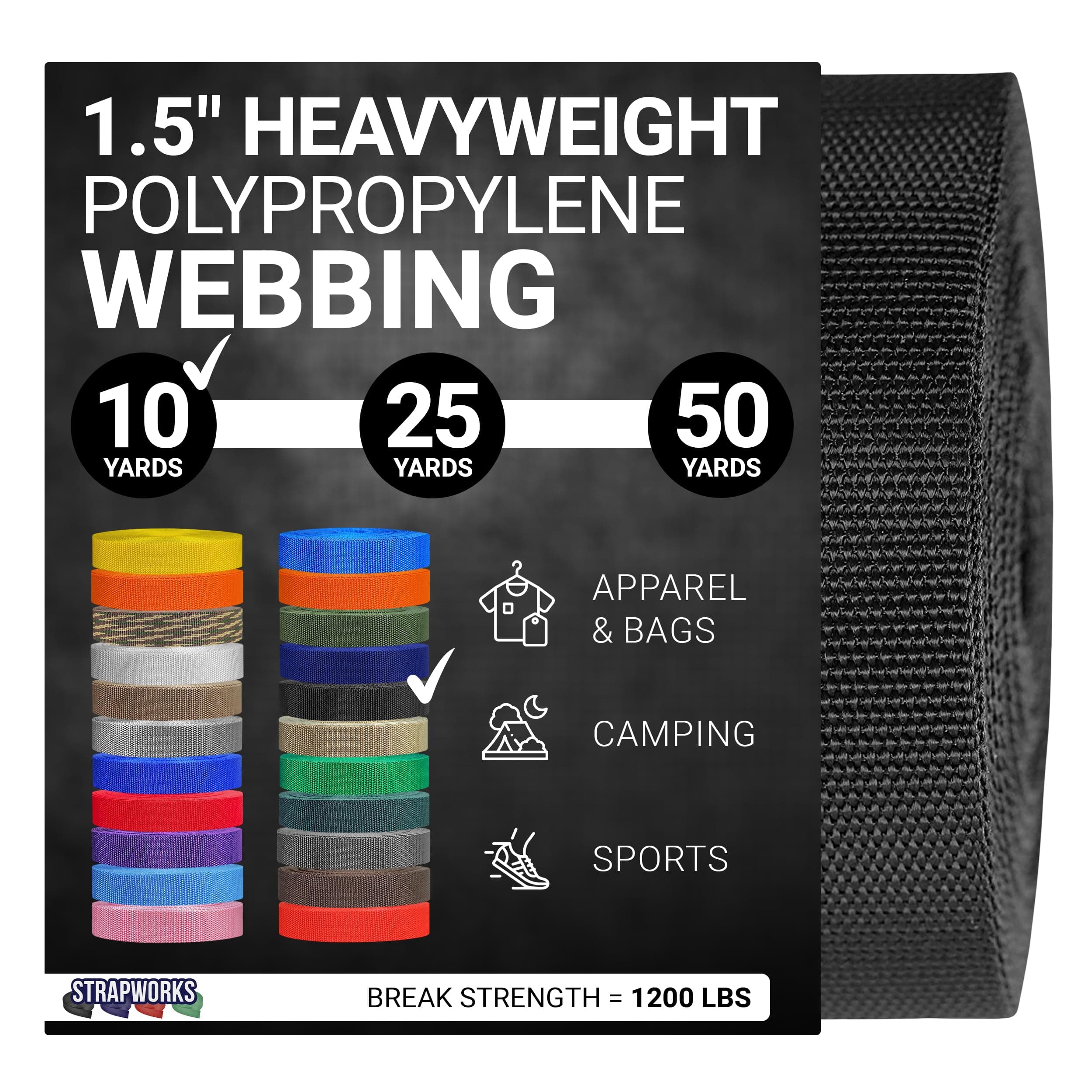 Strapworks Polypropylene Webbing Heavy Duty Poly Strapping for Outdoor DIY Gear Repair, 1.5 Inch x 25 Yards