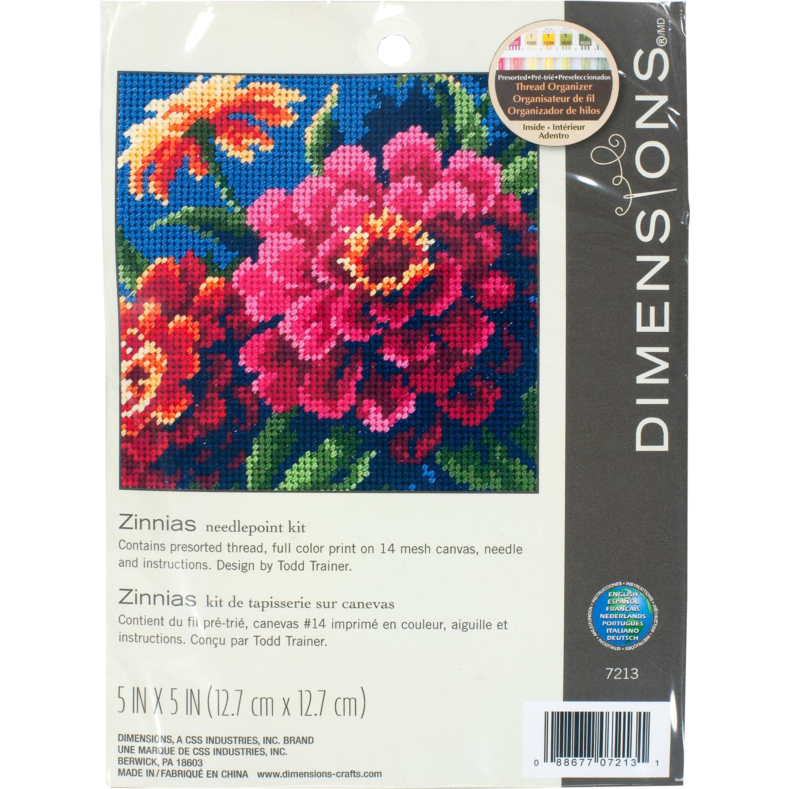 Dimensions Mini Needlepoint: Zinnias, Polyester blend, Multicoloured, 13 x 13 x 0.2 cm