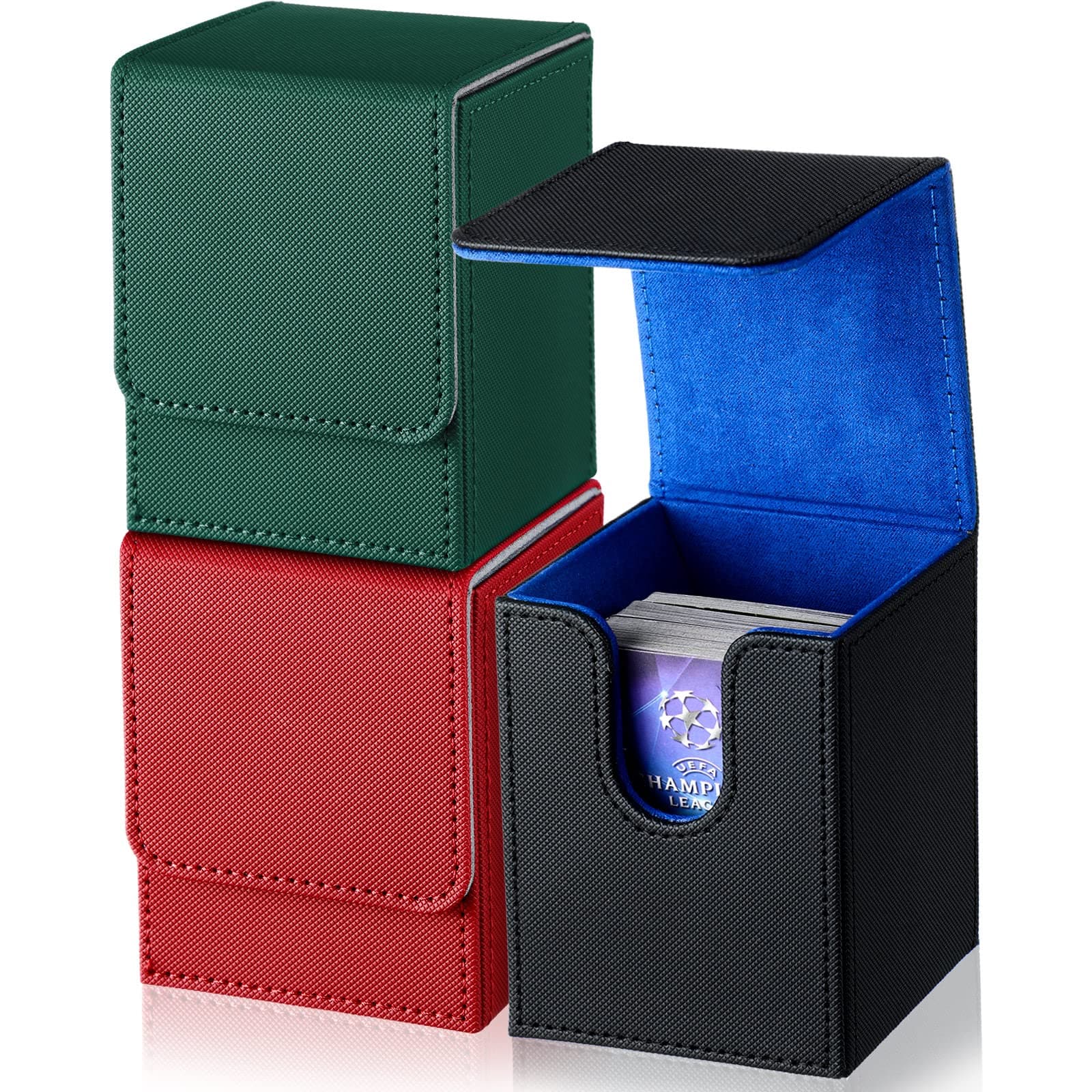 Weewooday 3 Pieces Leather Deck Card Boxes Game Box for 100 Plus Cards Playing Magnetic Storage Box Compatible with Mtg Tcg(Black Blue, Red, Green,Vertical)