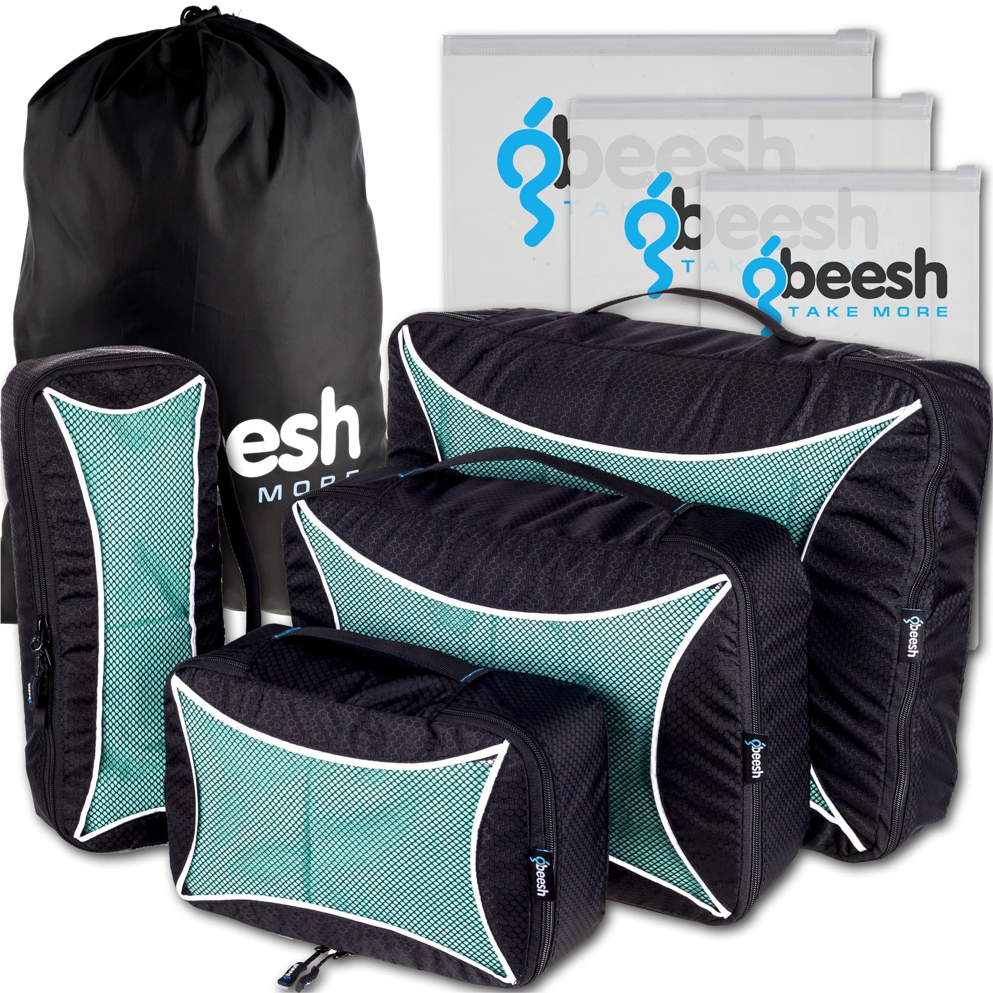 4-Piece Packing Cube Set, Travel Accessories Organizers, Drawstring Laundry Bag, Plastic Toiletry Bags - Black