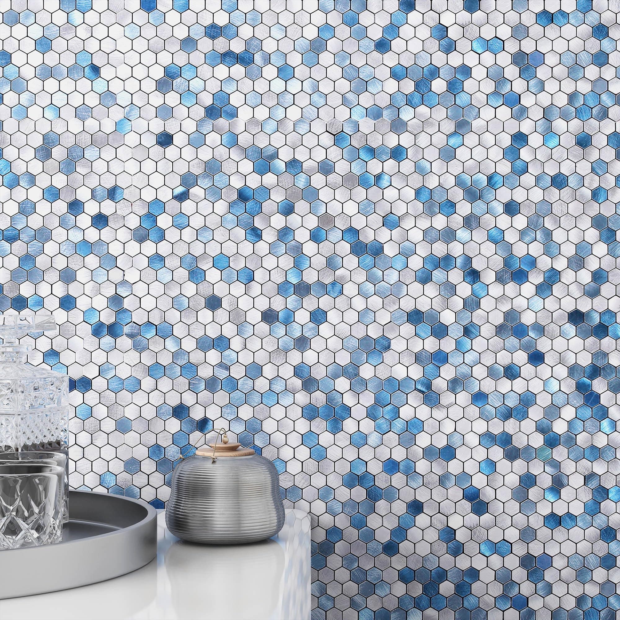 BeNice Peel and Stick Backsplash Kitchen Tiles,Stick on Backsplash Peel and Stick Mosaic Tiles Penny Hexagon Backsplash Small Tiles Metal Backsplash(10PCS,Blue)