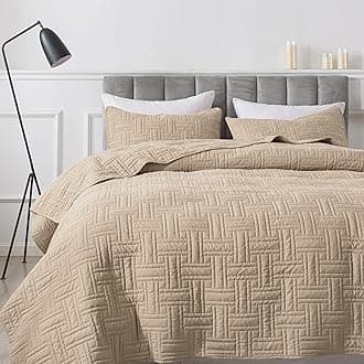 Beige Quilt Queen Size Bedding Sets with Pillow Shams, Cream Tan Lightweight Soft Bedspread Coverlet, Basket Weave Quilted Blanket Thin Comforter Bed Cover for All Season, 3 Pieces, 90x90 inches