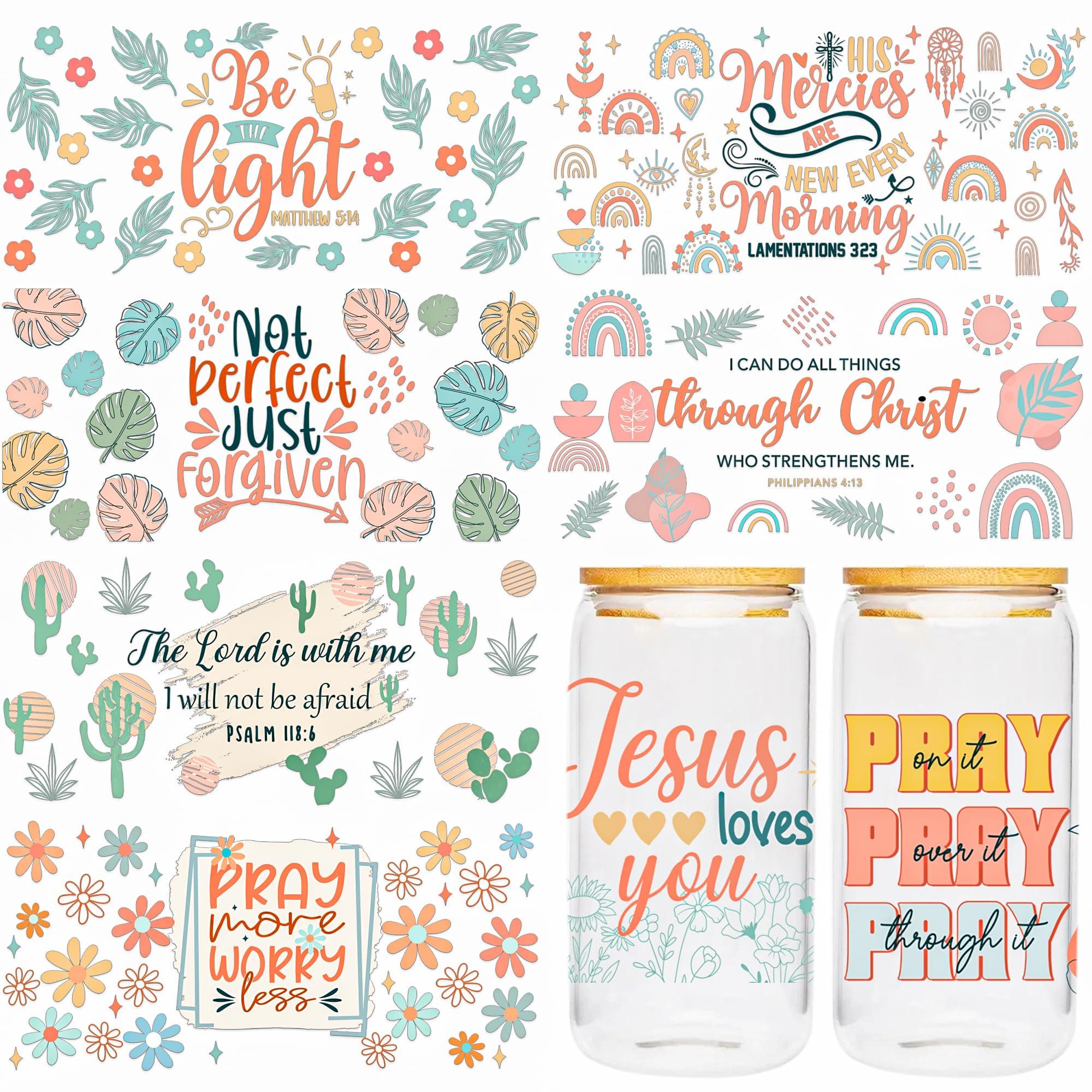 UV DTF Cup Wrap - 8 Sheets Boho Bible UV Transfer Sticker for 16 OZ Glass, Boho Retro Style, Inspirational Quotes, Bible Verse, Flower Plant, Christian Gifts, Waterproof Rub on Transfer