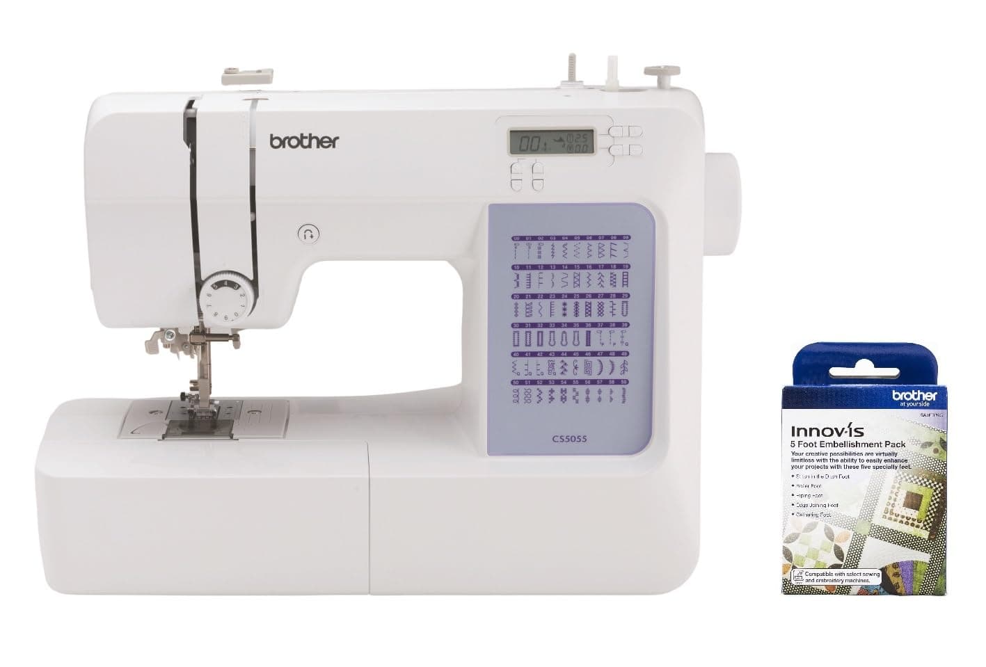 CS5055 Computerized Sewing Machine, 60 Built-in Stitches, LCD Display, 7 Feet and SA5FTPKG 5 Foot Embellishment Pack Included