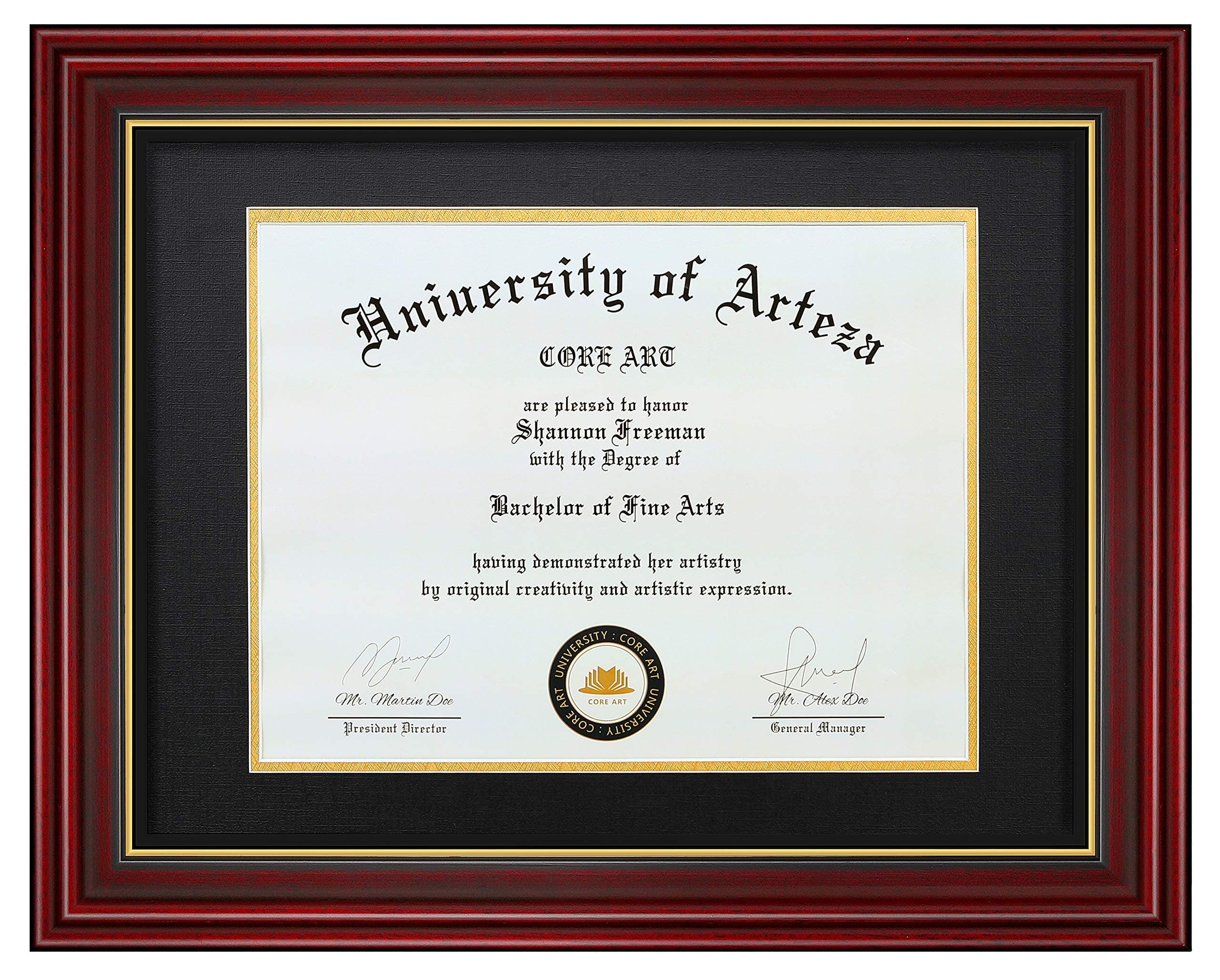 CORE ART 11x14 Diploma Frame Display Certificates 8.5 x 11 with Black Mat or Documents 11 x 14 without Mat, College Degree Wooden Frame with Tempered Glass for Wall and Tabletop Display(Cherry Red)