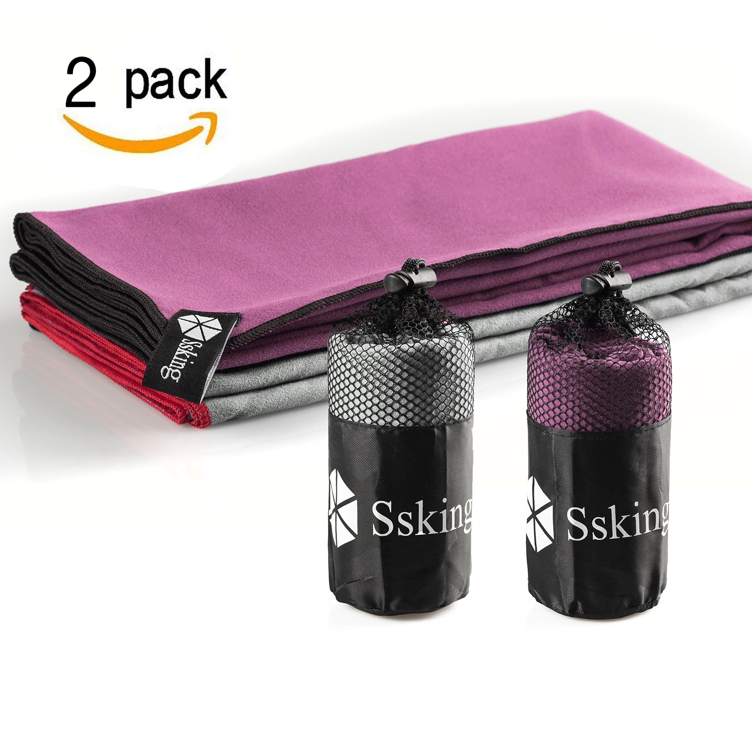 Quick Drying Microfiber Compact Sport Towel. 40"x20" For Exercise, Gym, Sport, Yoga, Travel, Camping, Hiking (2 packs) (Purple&Gray)