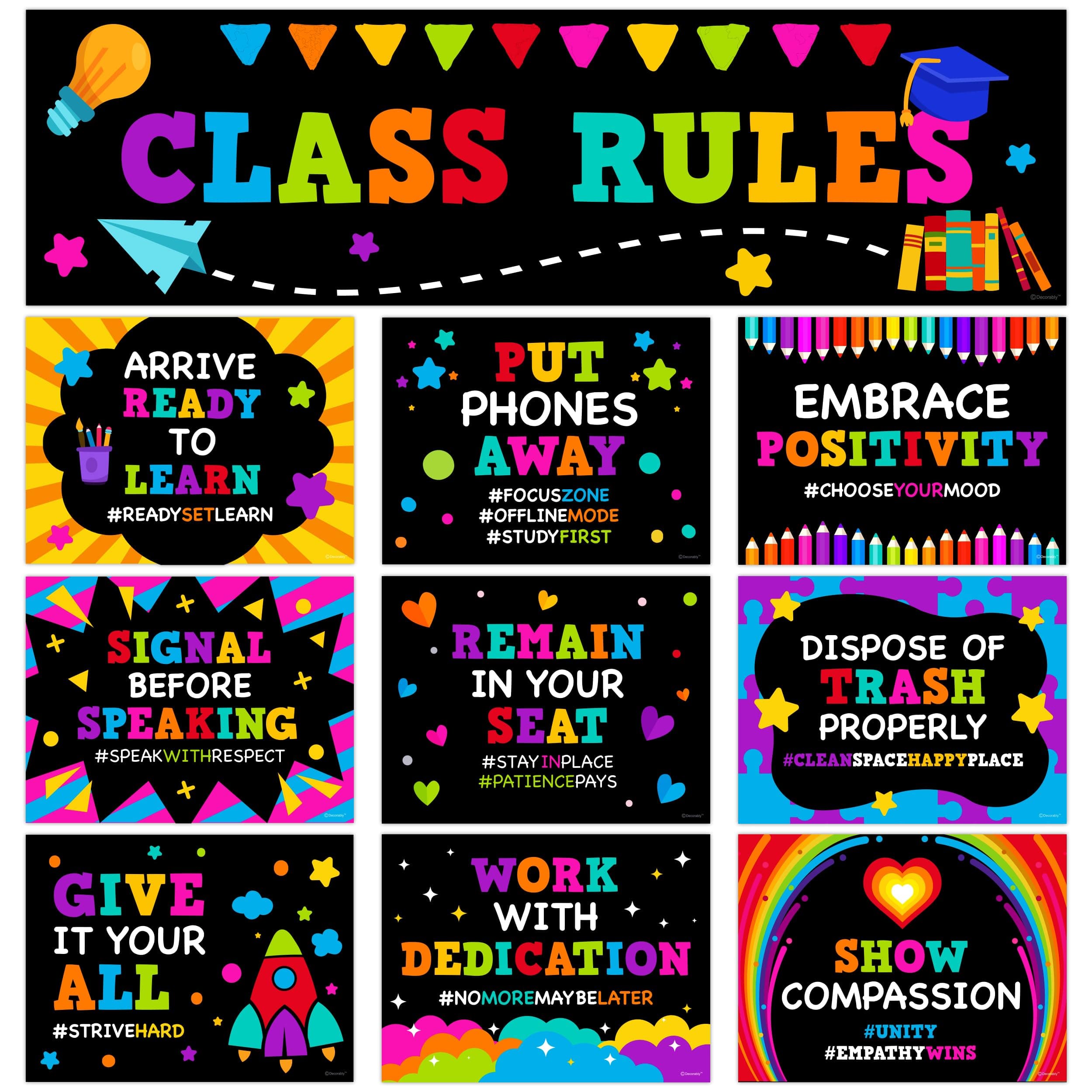 Decorably 10 Chalkboard Classroom Rules Poster Middle School and Elementary Set and Banner, Matte-Laminated Inspirational Decor for Hallways, Bulletin Boards, Home Study Room