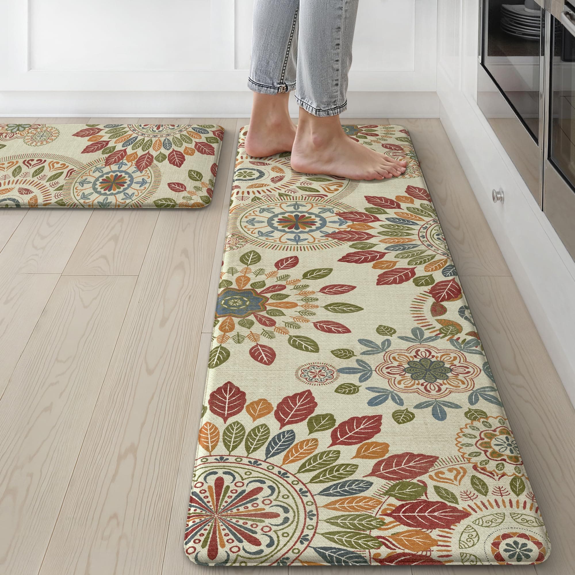 Kitchen Mats for Floor 2PCS, Cushioned Kitchen Rugs Non Slip Washable, Farmhouse Anti Fatigue Mat Waterproof, Comfort Standing Mat Rug for Office, Home, Laundry, 17.3"x59"+17.3"x30", Beige&Red