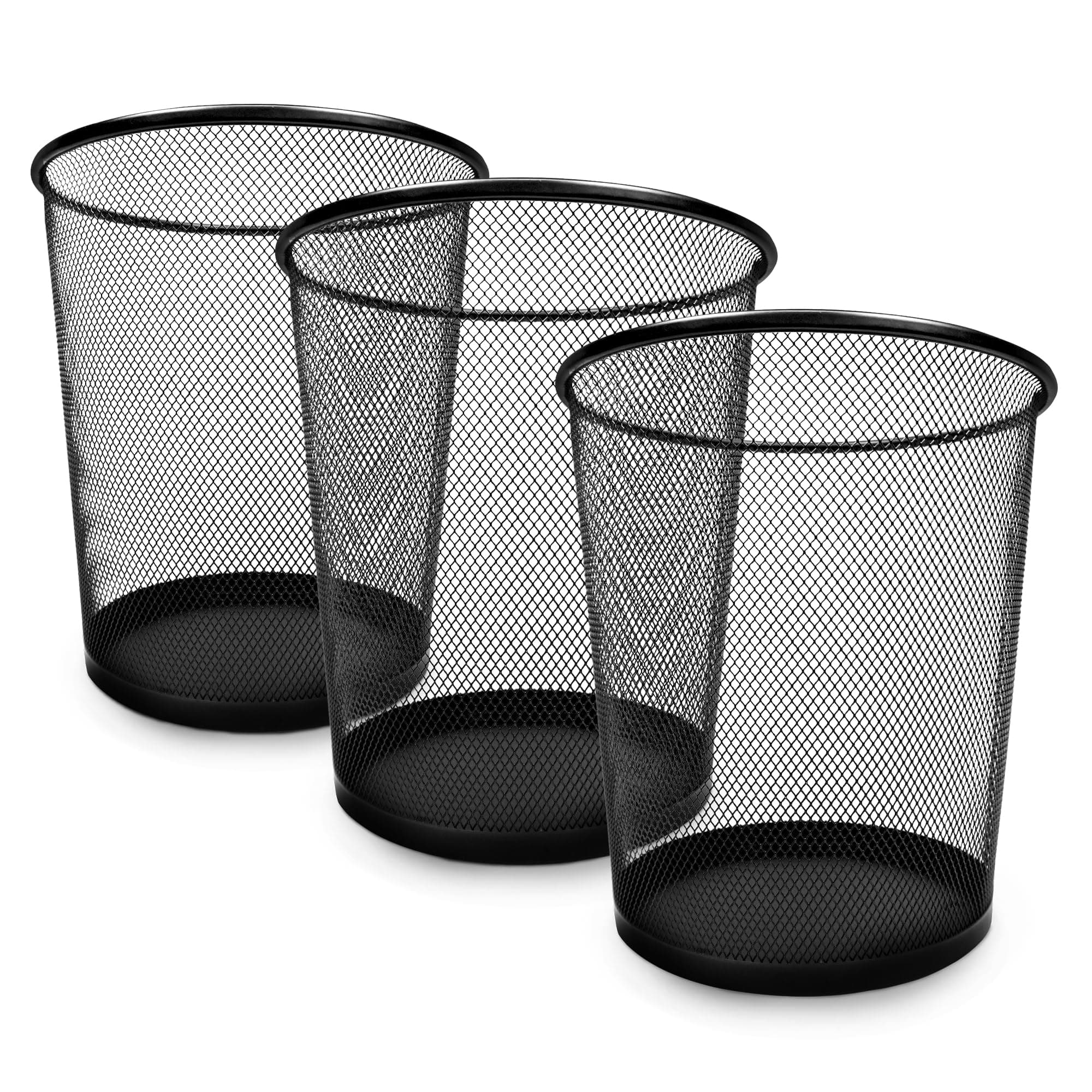 KEPLIN Round Trash Can Bin - 3 Pack Black Non-slip Mesh Bins | Waste Paper Bin | Sturdy Metal Bin Indoor Waste Bin for Home, Bedroom, Office, Bathroom, Living Room, Kitchen
