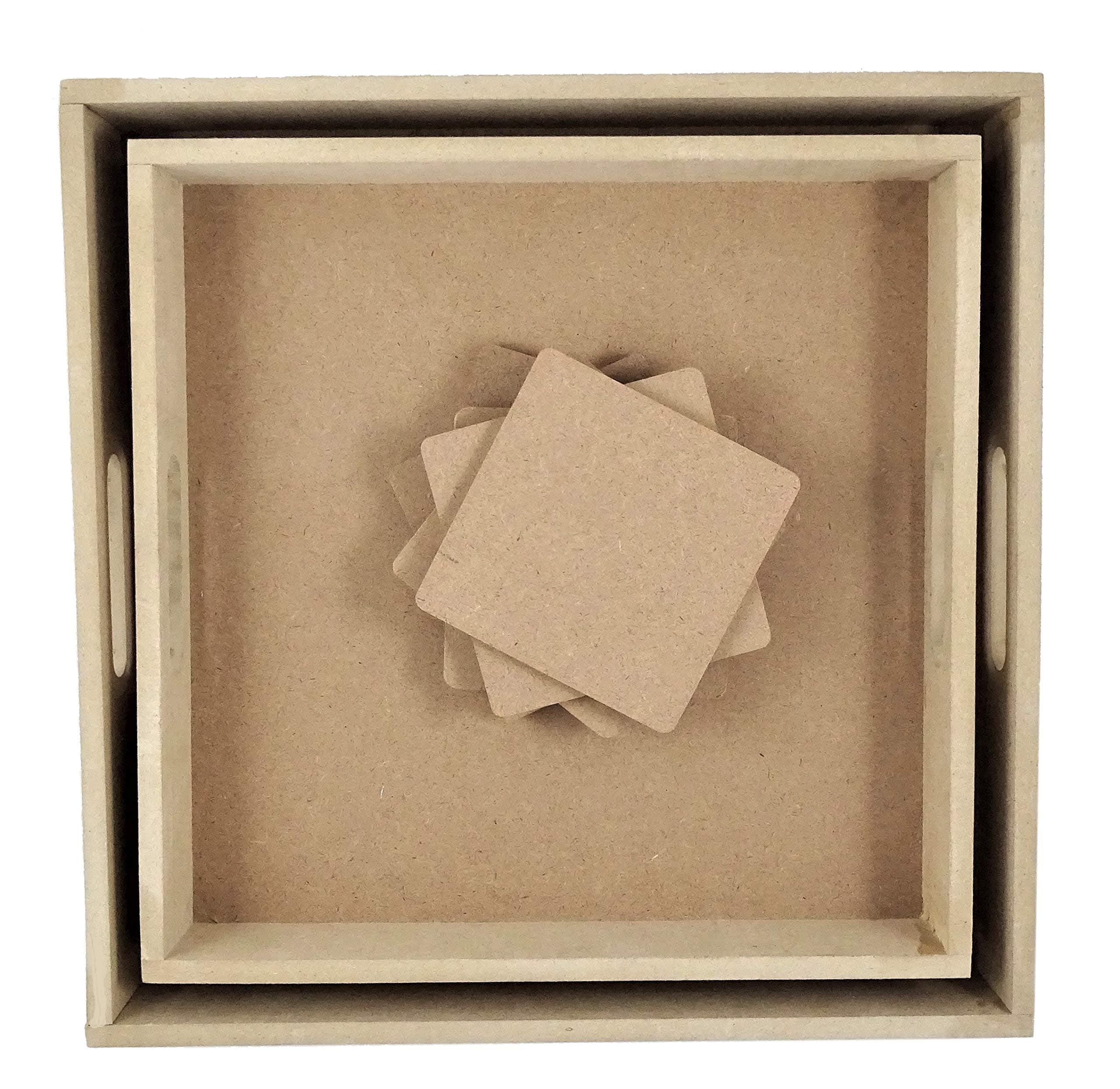 IVEI DIY 2 MDF Trays and 6 MDF Coasters Set -MDF Plain Wooden Coasters Square Shaped Blank Cutouts & Trays for Painting Wood Sheet Craft, Decoupage, Resin Art Work & Decoration