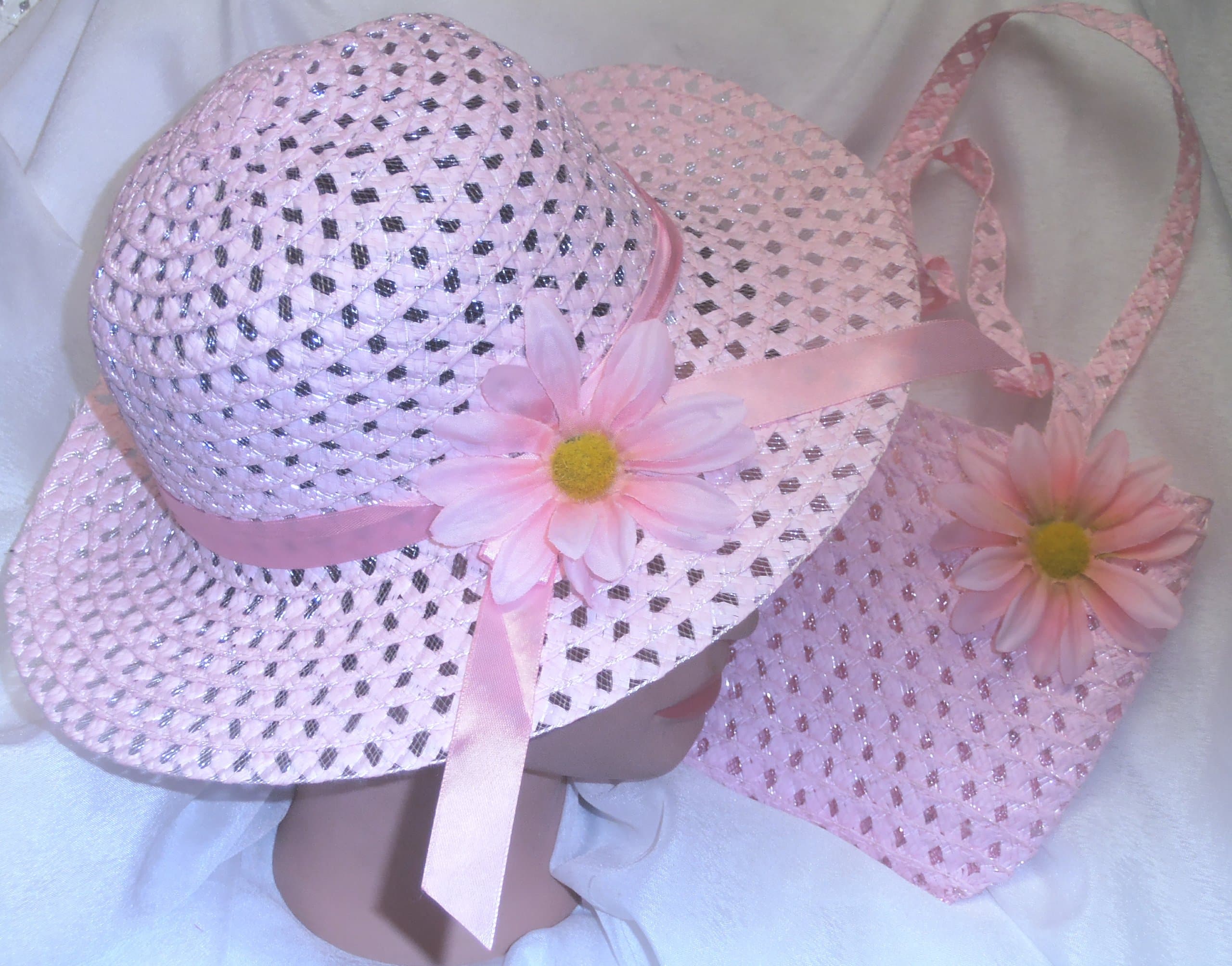 Girls Spring Easter Hat Bag Set Pink Ribbon Daisy Easter Bonnet Dress up Teaparty