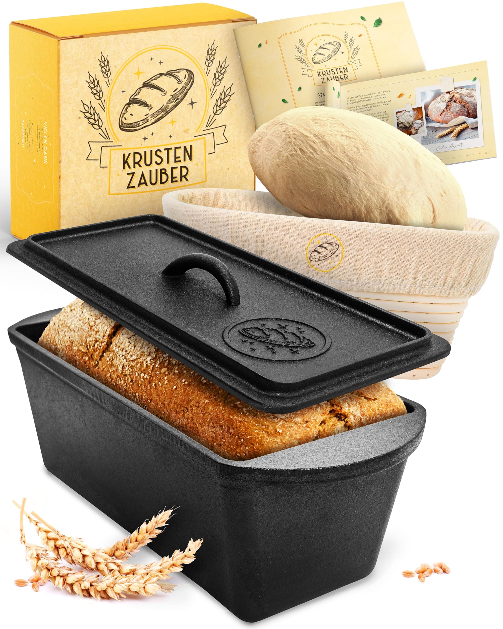 KRUSTENZAUBER Cast Iron Bread Baking Mould With Lid - 28 cm Robust Loaf Pan With Proofing Basket - Ideal for Toast and Bread Baking