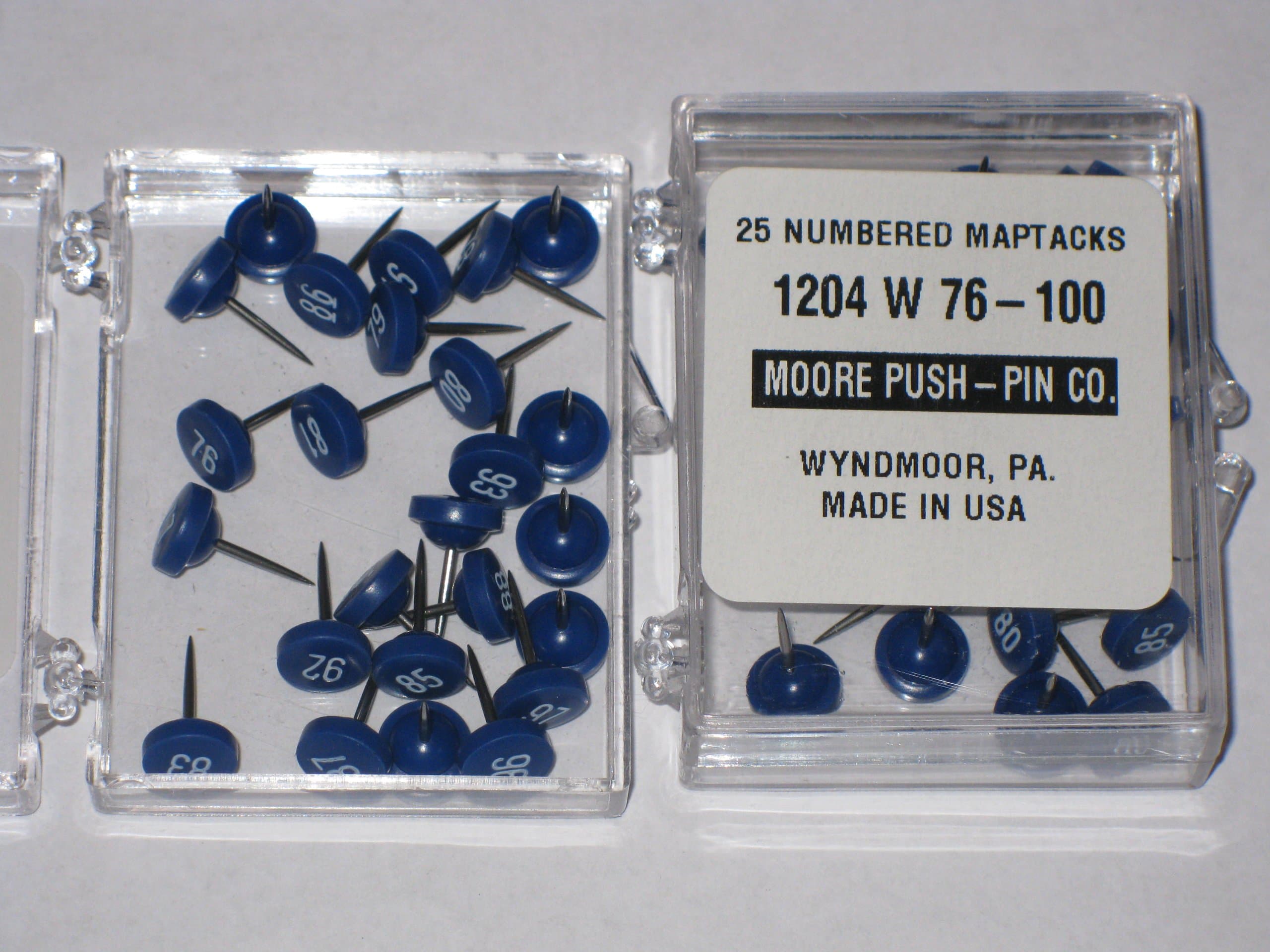Numbered Map Tacks - Dark Blue Pins With White Numbers (box of 25: numbers 76 - 100)
