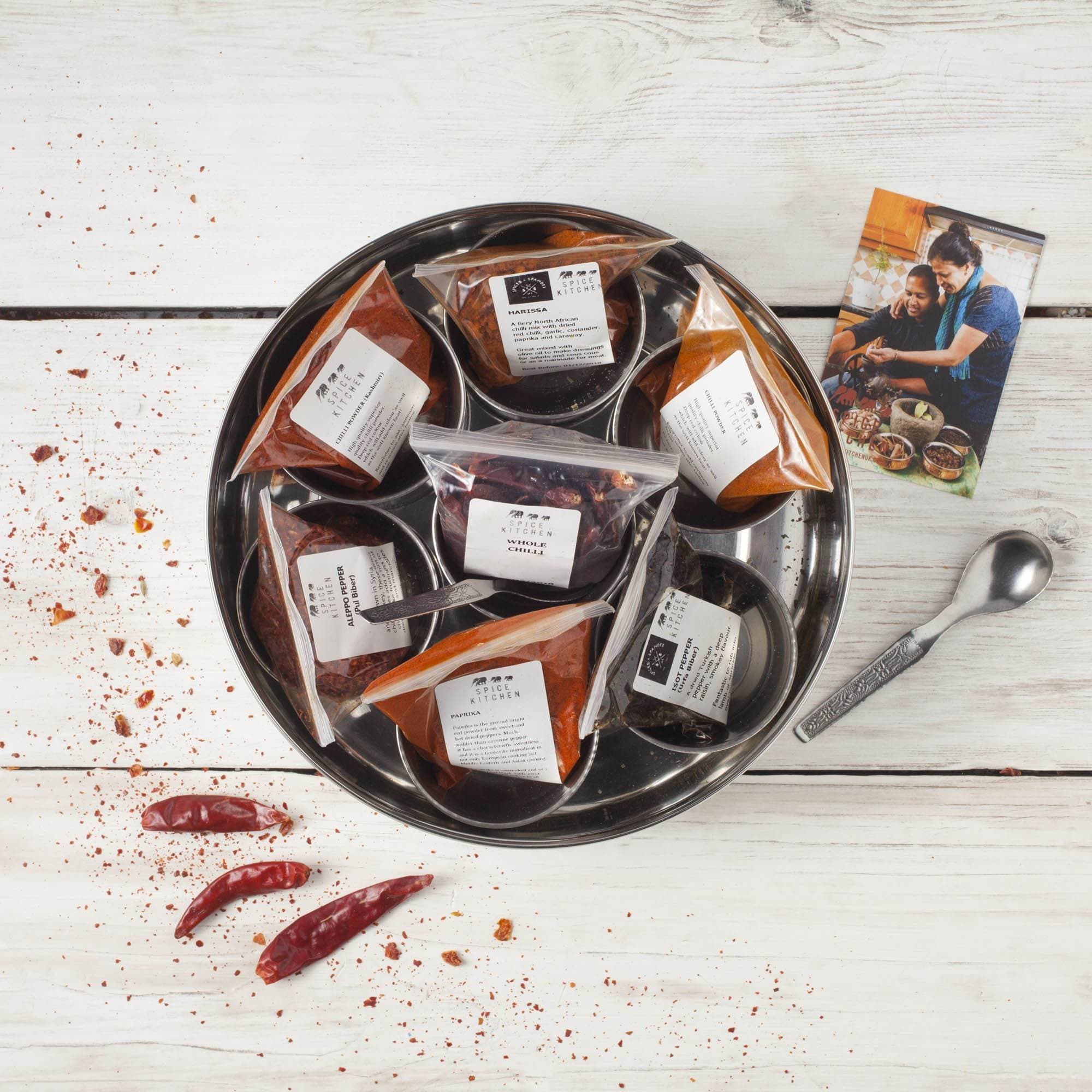 Spice Kitchen International Chilli Collection includes 7 premium, selected chillies together with a stainless steel Chilli storage tin