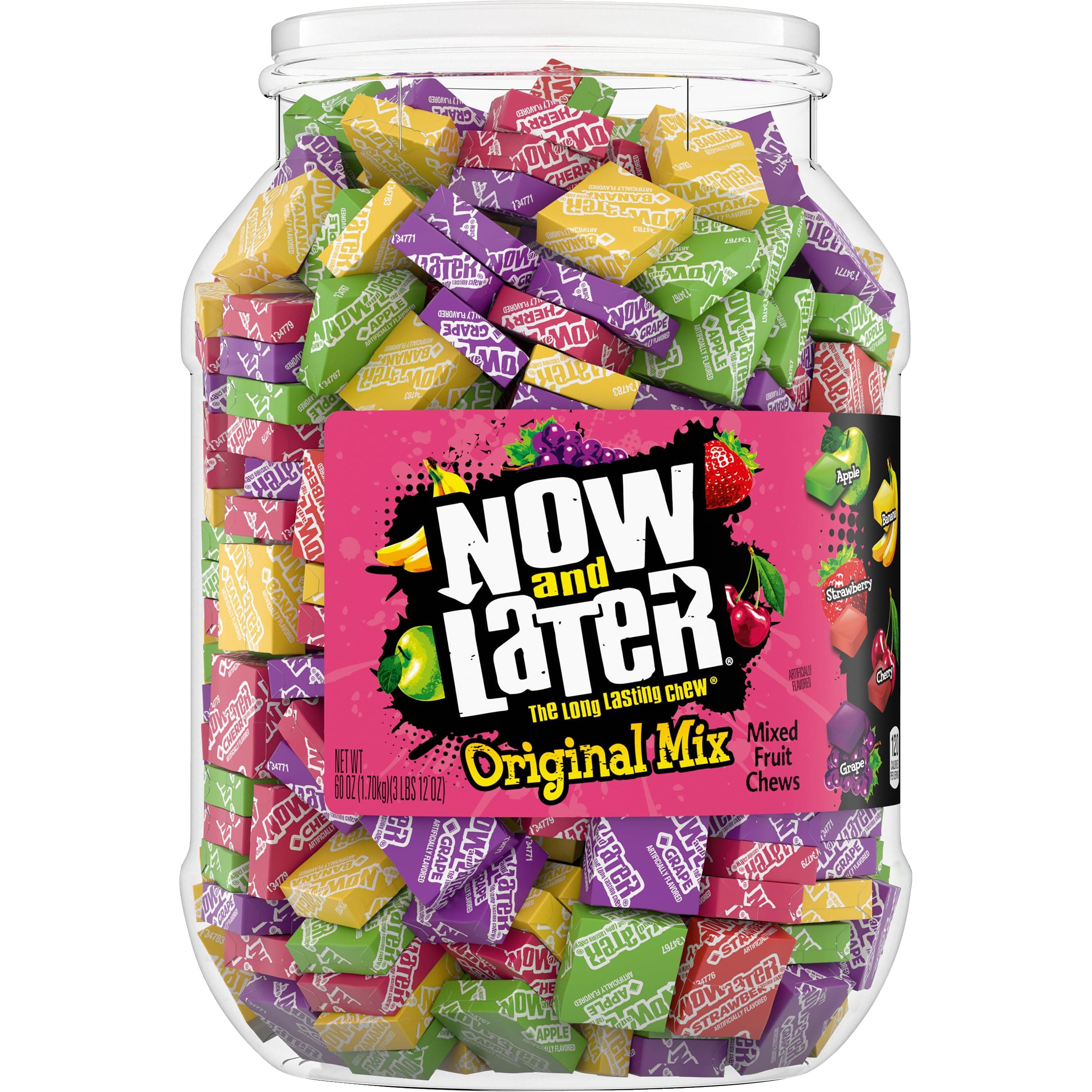 Now and Later Original Mix, Individually Wrapped Mixed Fruit Chew Candy, 60 Ounce Jar