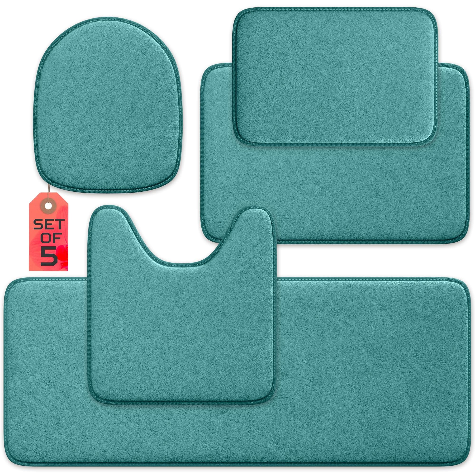 Elvoki 5-Piece Bathroom Rug Set - Memory Foam Bath Mats, Non-Slip, Ultra-Soft, Water Absorbent, Machine Washable Bathroom Rugs - Aqua Teal