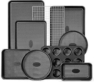 HONGBAKE 9-Piece Baking Pans Set Nonstick, Stackable Non Toxic Bakeware Sets with Diamond Texture, Oven Pan Set for Cooking, Includes Cookie Sheet with Rack, Cake Pan, Roasting Pan, Muffin Tin, Gray