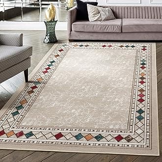 Alfombras Modern Bordered 8x10 Non-Skid (Non-Slip) Low Profile Pile Rubber Backing Indoor Area Rugs (Beige, 7'10" x 10')