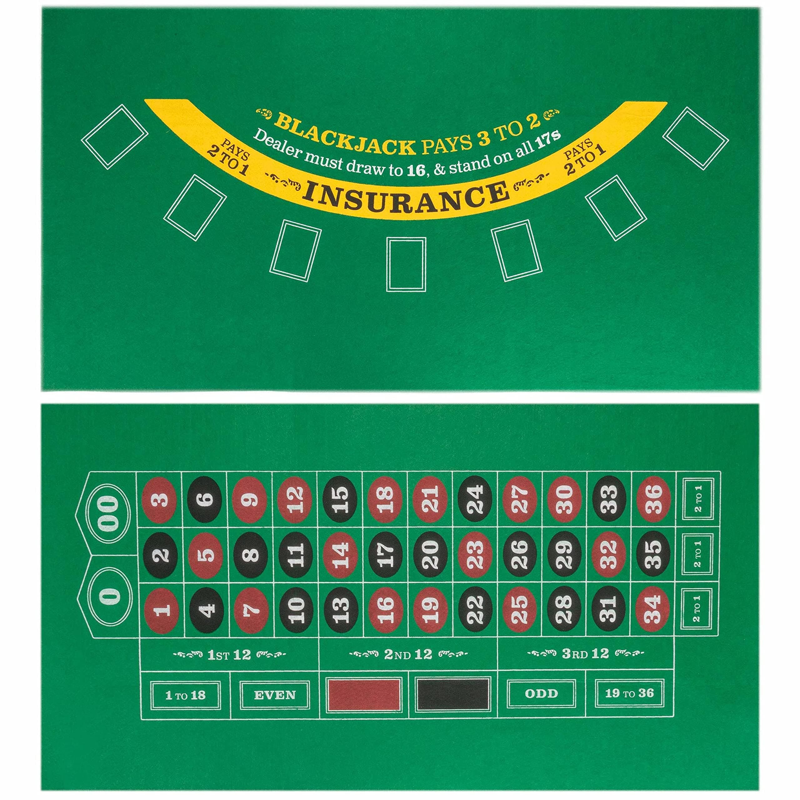 Mini Blackjack and Roulette Table Mat - Gaming Mat 36 x 18 inches to Fit Most Dining Room Tables - Roll Out Felt for Casino, Gambling Games - Double-Sided Felt For Casual and Entry Level Gamers