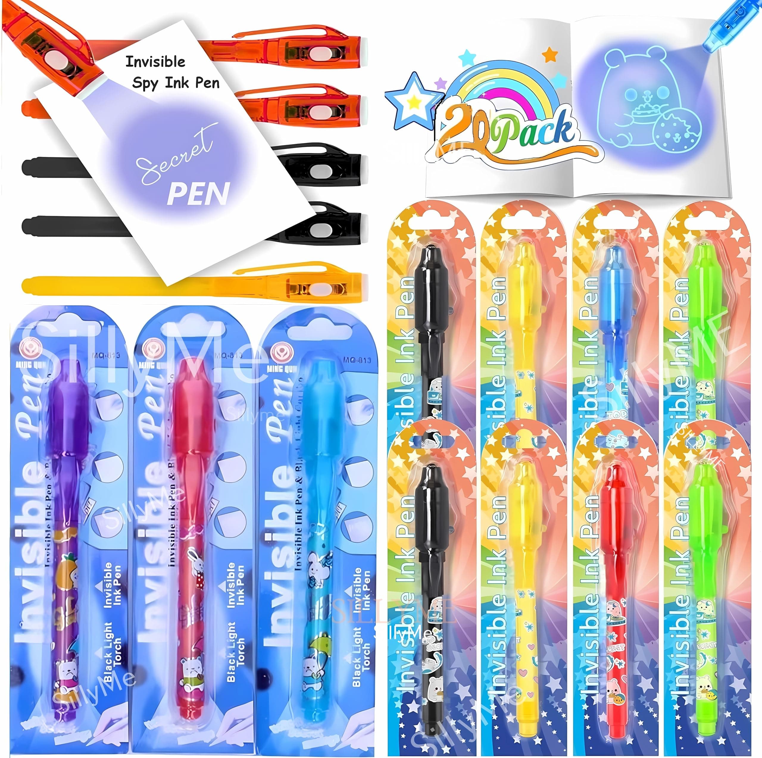 SILLYME Invisible Black Ink Magic Pen With Uv Light - Return Gifts Birthday Party For Kids - Secret Message Pen For Kids - Spy Pen Cheating Pen Gadget For Kids, 6 Pc