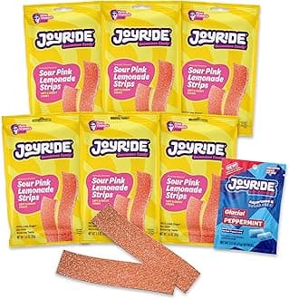 Pink Lemonade Sour Strips - 3.5 oz 6-Pack Bundle with 2.5oz Glacial Peppermint Gum, Low Sugar, Sour Belt Candy, Dye Free, Low Calorie Snacks, Healthy Candy (7 Items)