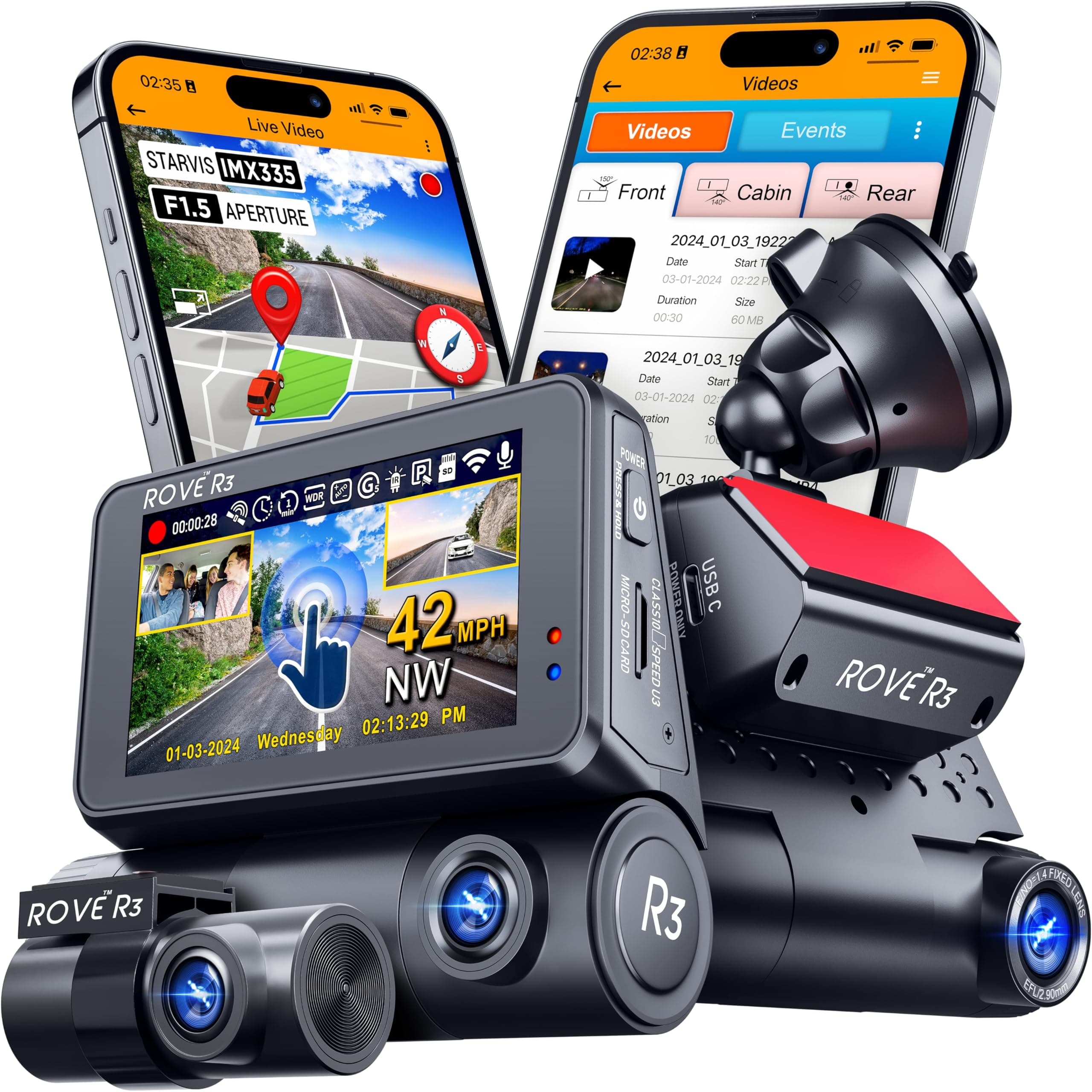 R3 Dash Cam, 3” IPS Touch Screen, 3 Channel Dash Cam Front and Rear with Cabin, 5.0 GHz WiFi, Built-in GPS, 2K-1440P+1080P+1080P, 24-HR Parking Monitor, Supercapacitor, Supports up to 512GB Max