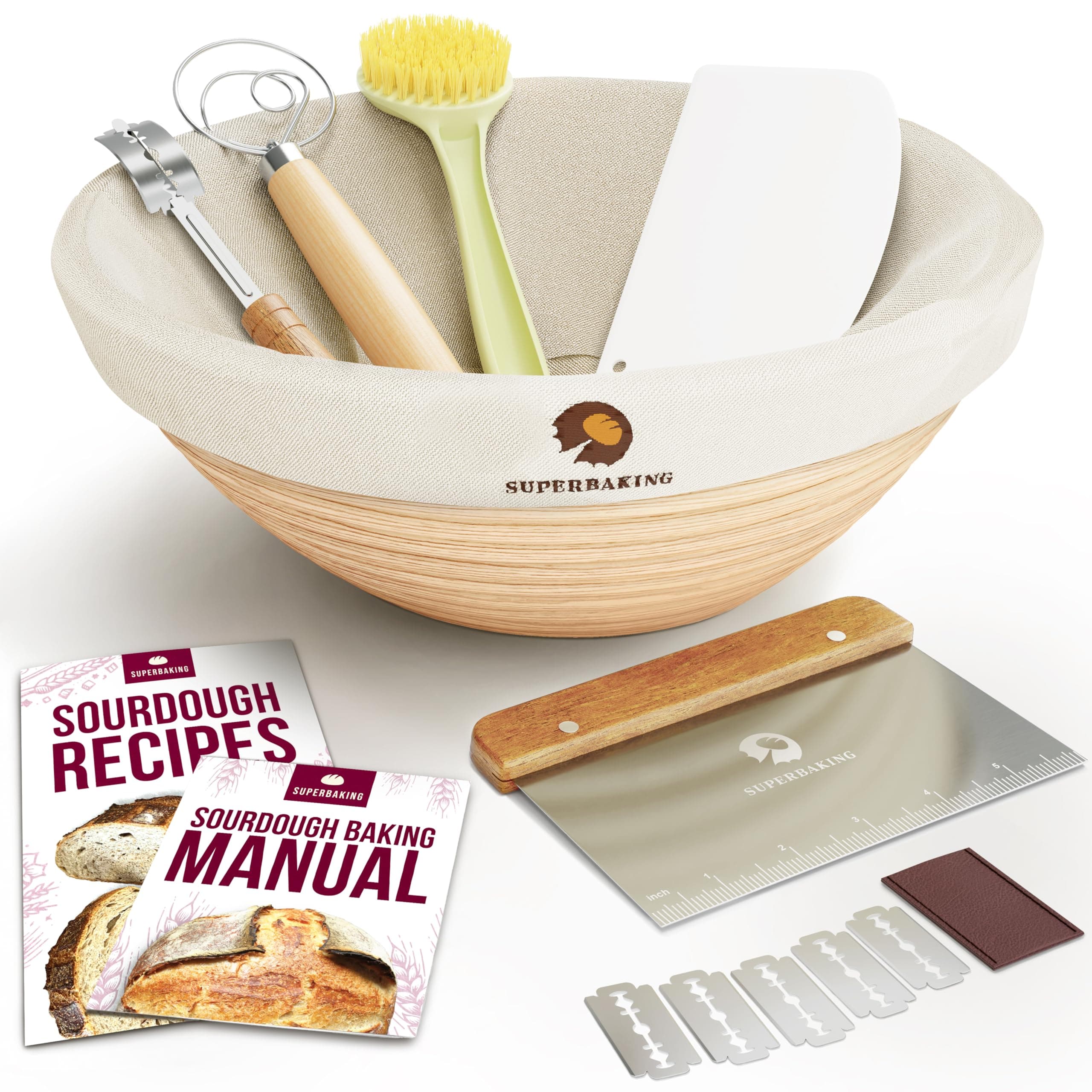 Superbaking Banneton Bread Proofing Basket, Sourdough Bread Baking Supplies, Round 9 Inch Sourdough Starter Kit, Proofing Basket for Baking, Bread Making Supplies Tools, Banneton Basket Gift Set