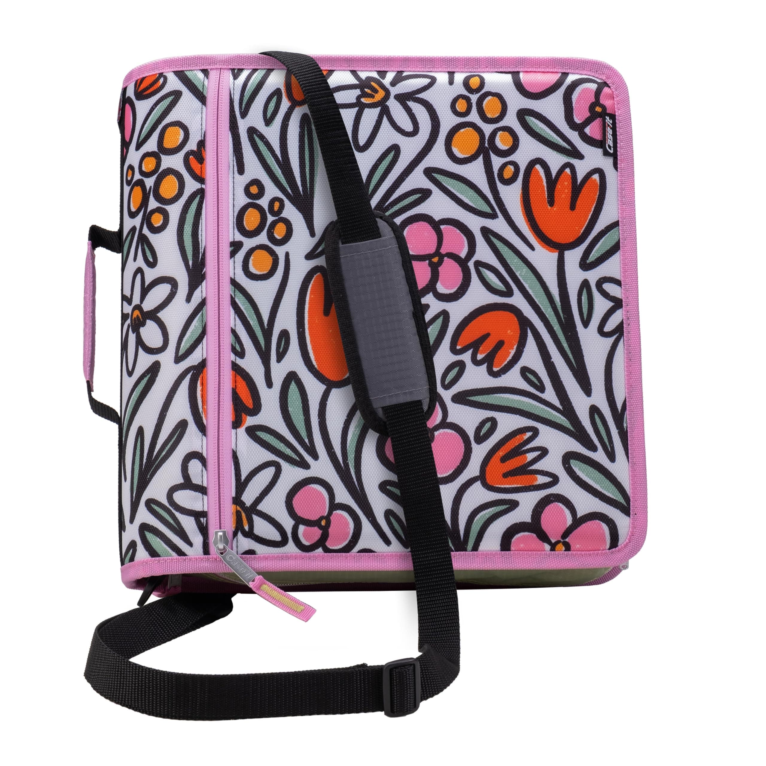 Case-it Mighty Zip Tab Zipper Binder, 3" O-Ring with 5-Color tabbes, Expanding File Folder and Shoulder Strap and Handle, D-146-FUN Flowers