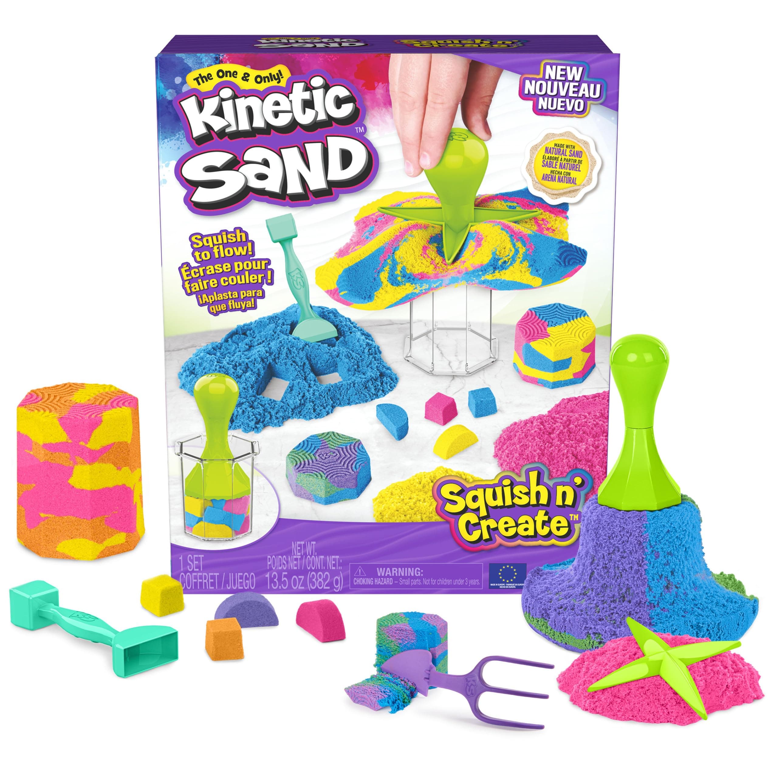 Kinetic Sand, Squish N' Create Game Set, Coloured Sand in 3 Variations, Kinetic Sand 382 g, 5 Sand Modelling Accessories, Toys for Children and Girls 3 Years Old
