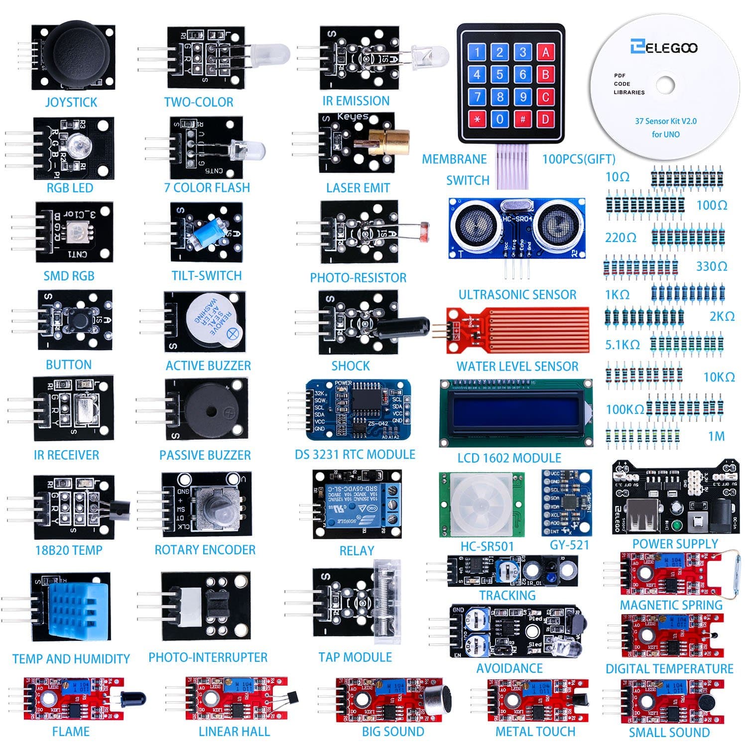 ELEGOO Upgraded 37 in 1 Sensor Modules Kit with Tutorial for Arduino UNO R3 MEGA 2560 Nano