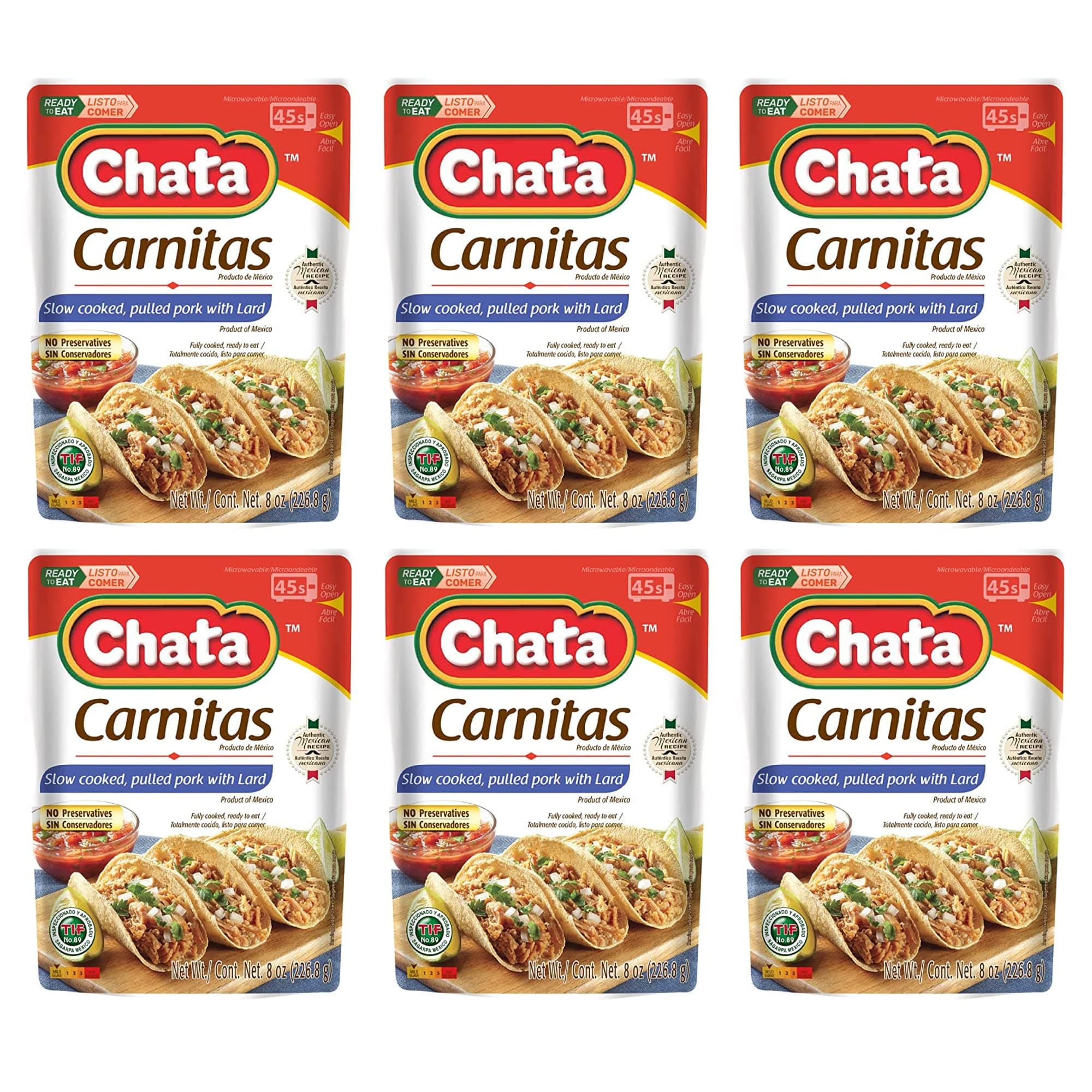 Chata Authentic Mexican Carnitas, Slow Cooked Pork, 8 oz, Pack of 6