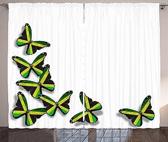 Ambesonne Jamaican Curtains, Buterflies Flag Motifs Caribbean Animal Illustration Rasta Culture Print, Living Room Bedroom Window Drapes 2 Panel Set, 108" X 84", Green Black Yellow