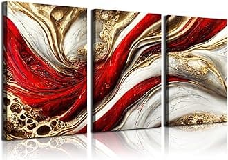 3Pcs Framed Red Gold Canvas Wall Art Abstract Marble Gilt Wall Decor Pictures Modern Red and Gold Paintings Prints Posters for Living Room Bedroom Office Home Decoration, Ready to Hang